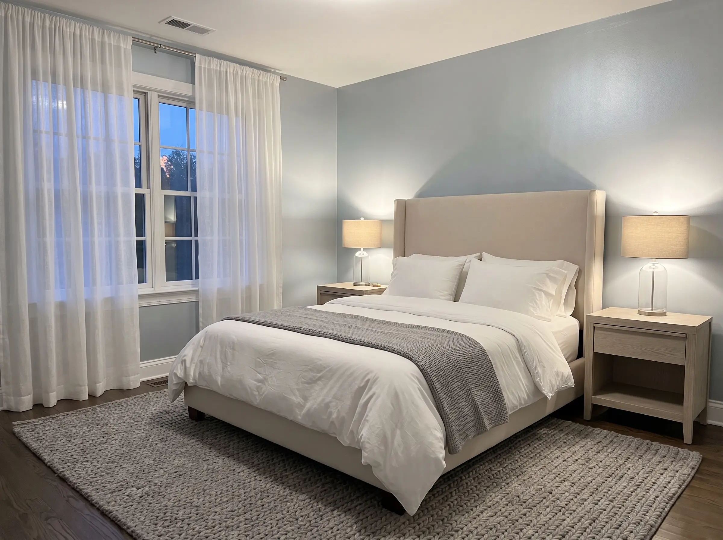 A cozy upholstered headboard and light ash wood nightstands rest against highly reflective, icy blue-silver gray bedroom walls.