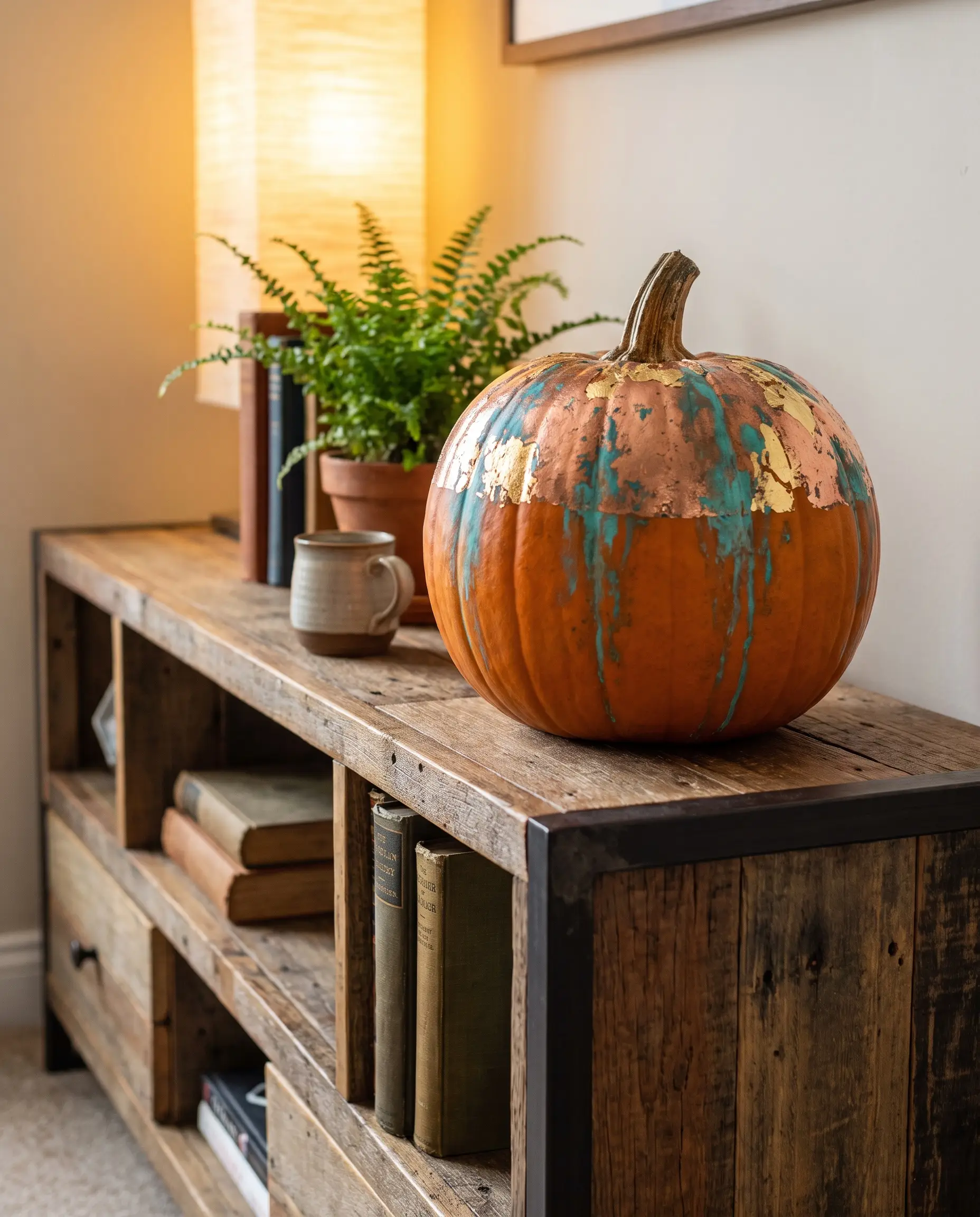 Imitation copper and metallic leaf coated with watered-down turquoise acrylic create a faux oxidized finish on a pumpkin displayed on a home shelving unit.