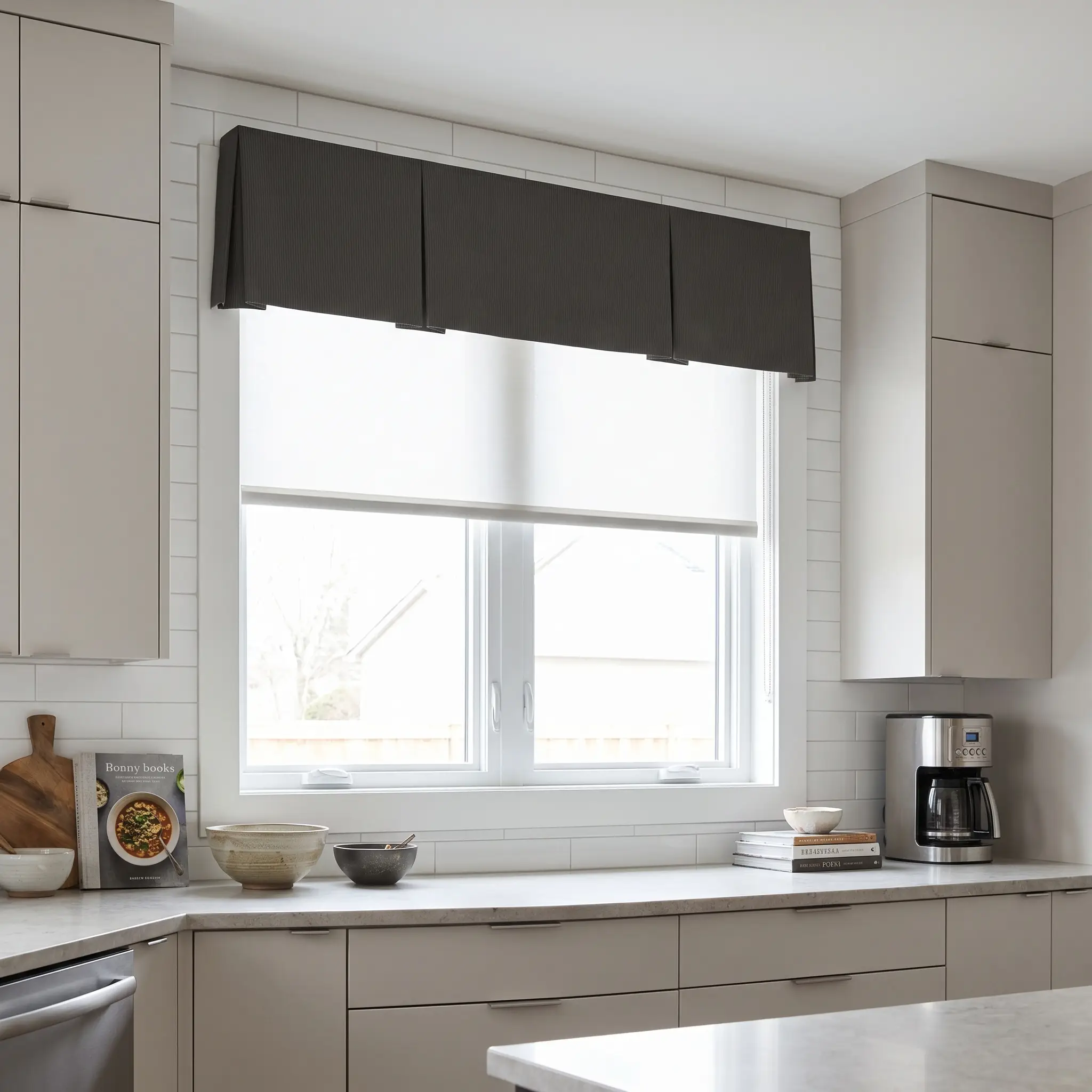 A structured box-pleat modern valance in Iron Ore ribbed cotton anchors a window above crisp white subway tile and clean stone countertops.