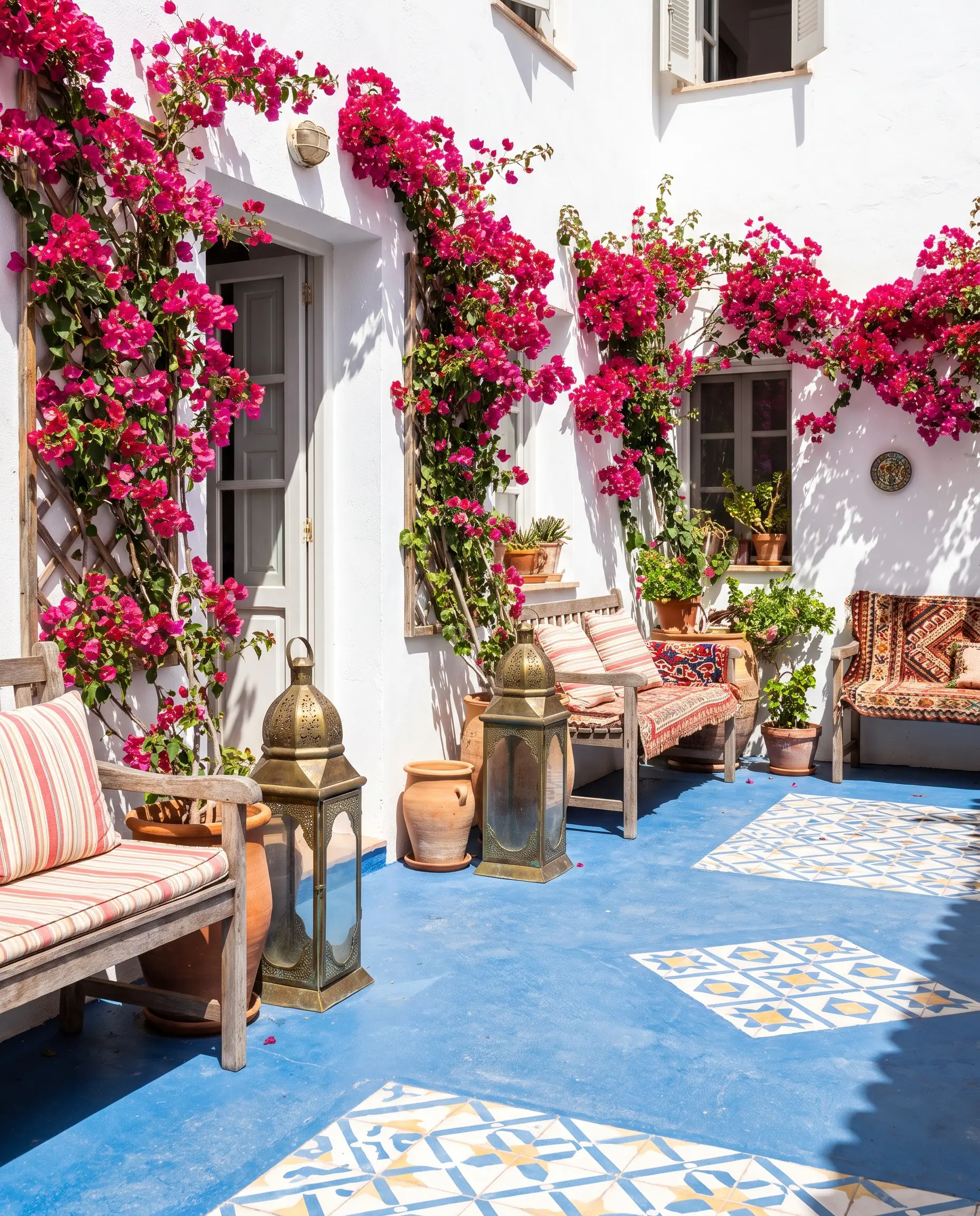 Heavy brass outdoor lanterns sit on a vibrant jazz blue painted concrete courtyard floor surrounded by crisp white walls and trailing pink bougainvillea.