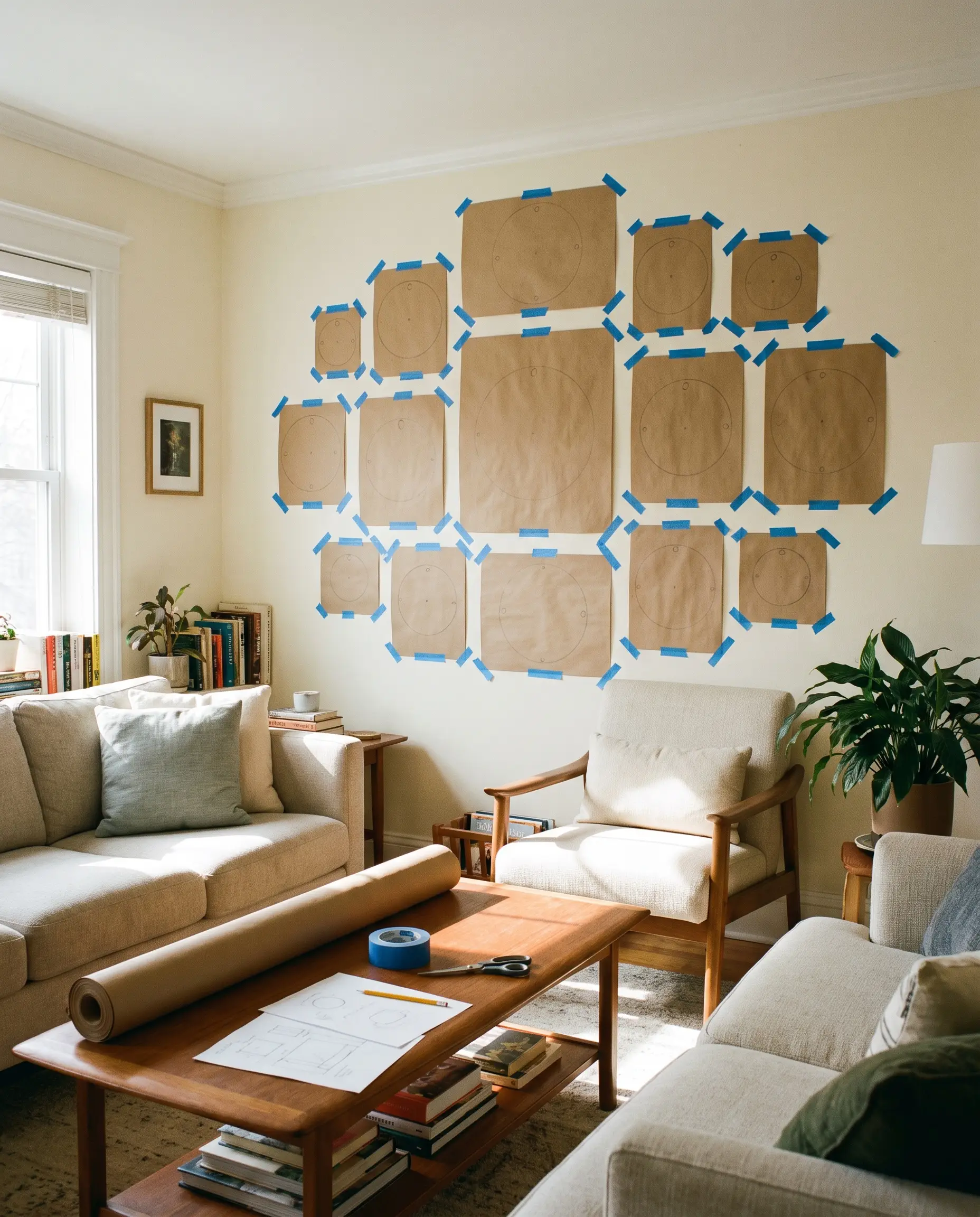 Physical kraft paper templates taped to a blank living room wall demonstrate exactly how to arrange pictures on a wall before drilling holes.