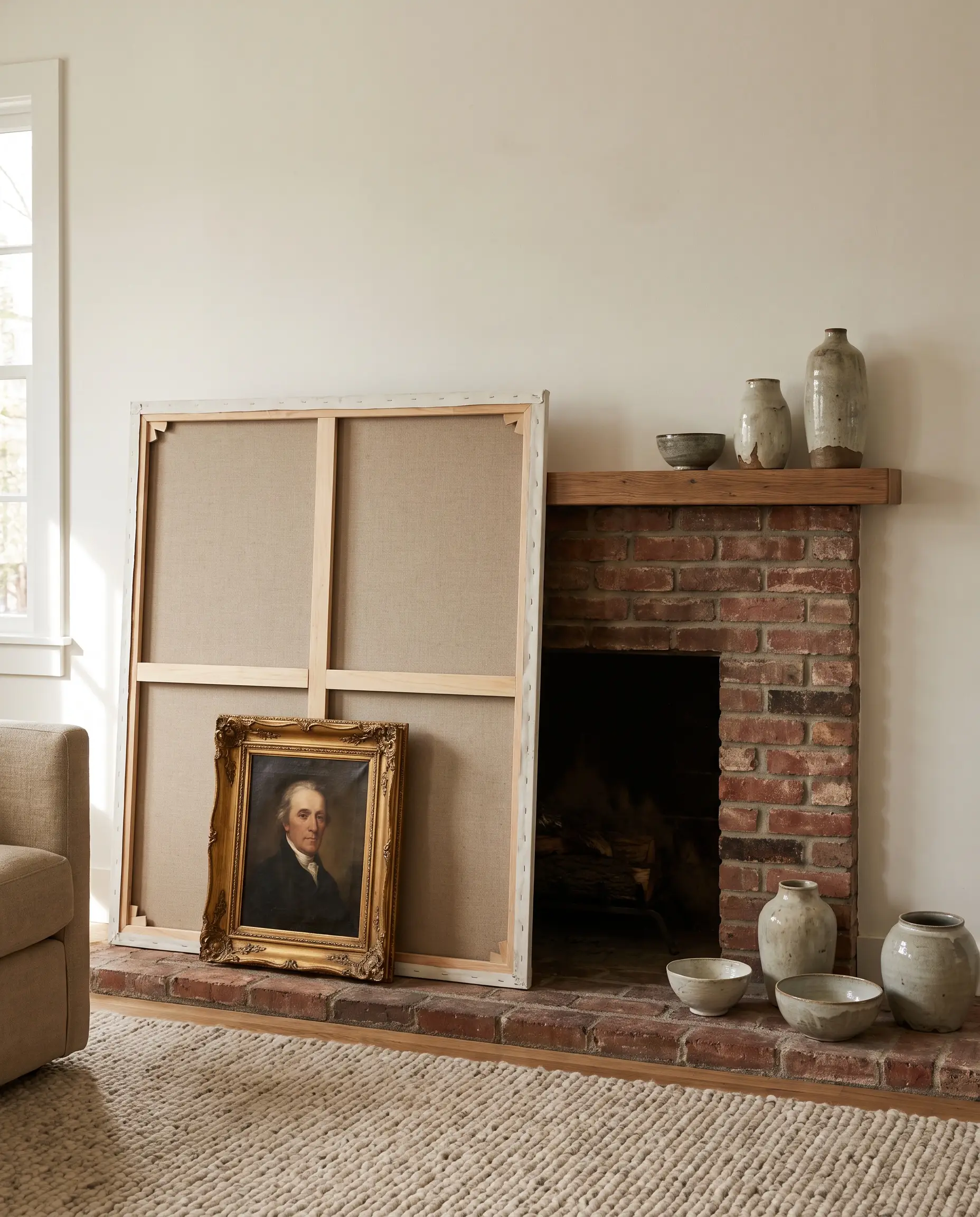 An oversized raw canvas and a smaller gilded vintage frame lean directly against a standard brick fireplace mantel alongside sculptural ceramics.