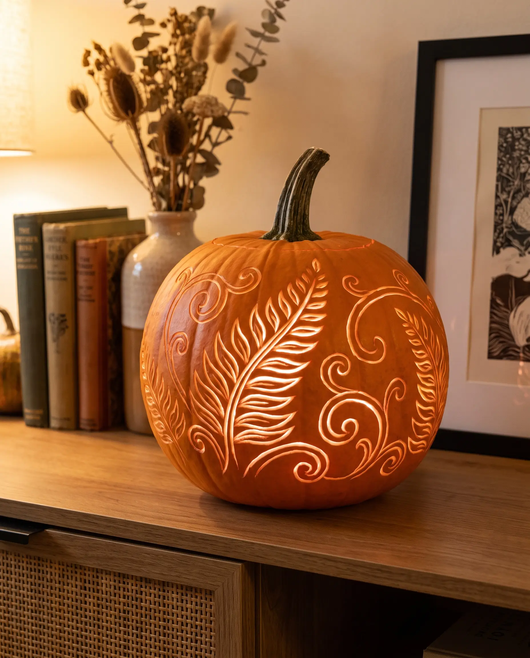 Delicate fern and vine motifs scraped into the opaque skin with a linoleum cutter glow warmly from within on a standard living room console.