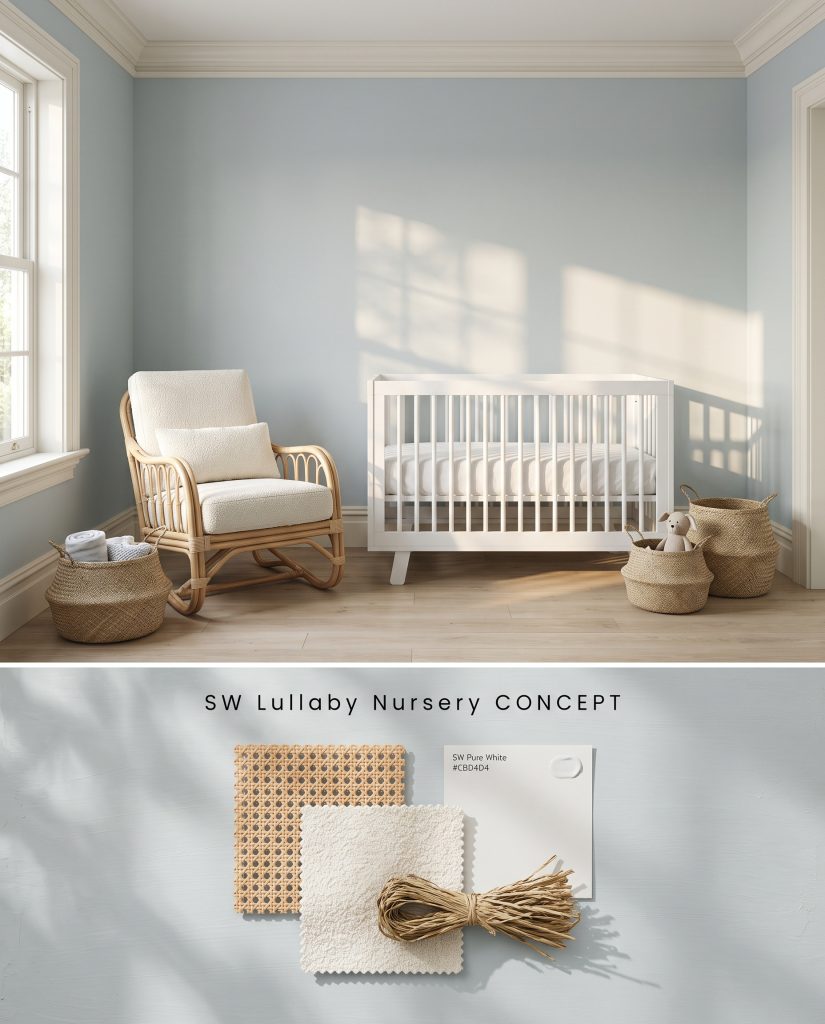 A split digital conceptual board for a nursery featuring light blue-gray walls on top, and a textured flat-lay with rattan, ivory boucle, and seagrass below.
