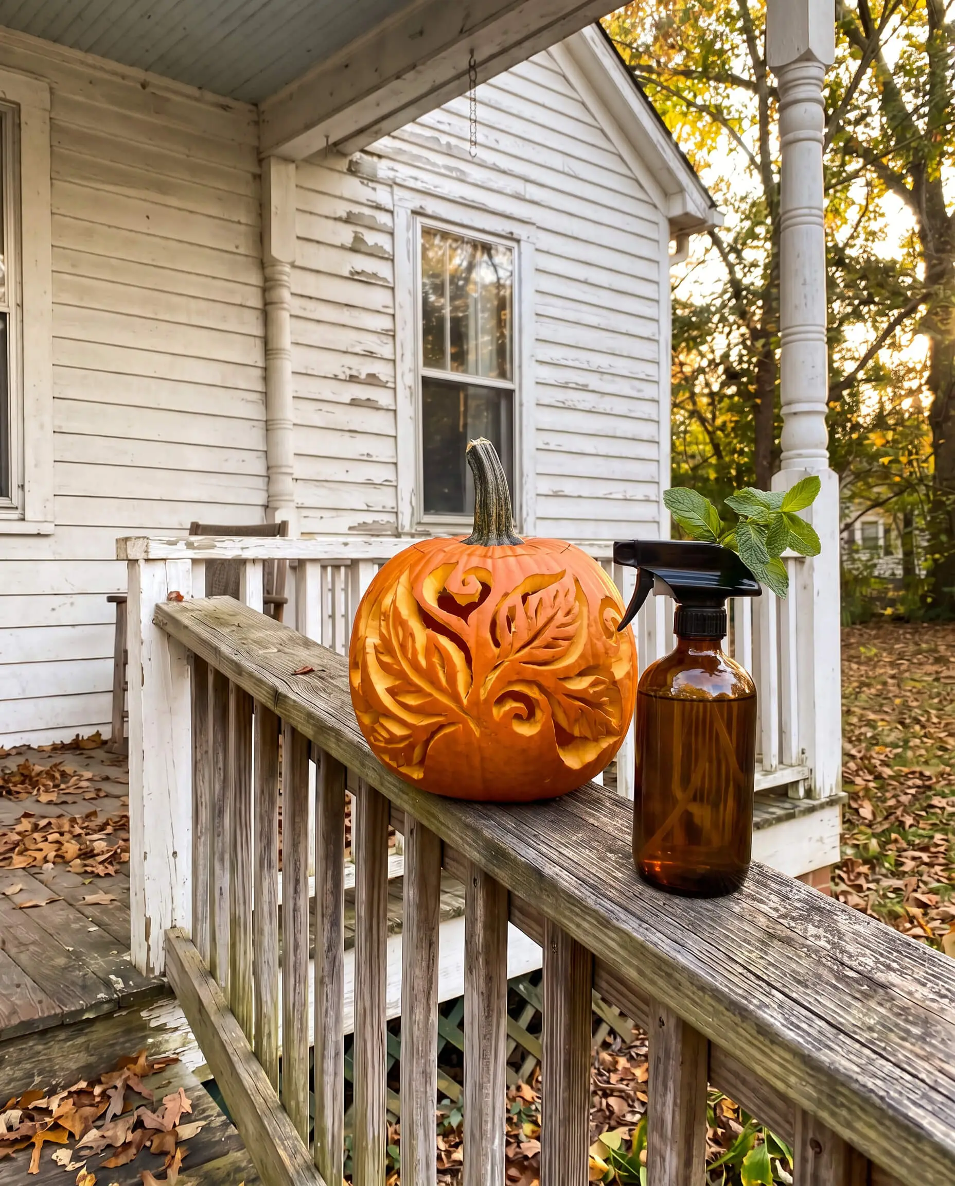 A beautifully designed pumpkin rests securely on a wooden porch railing alongside a glass spray bottle filled with peppermint essential oil and distilled water.
