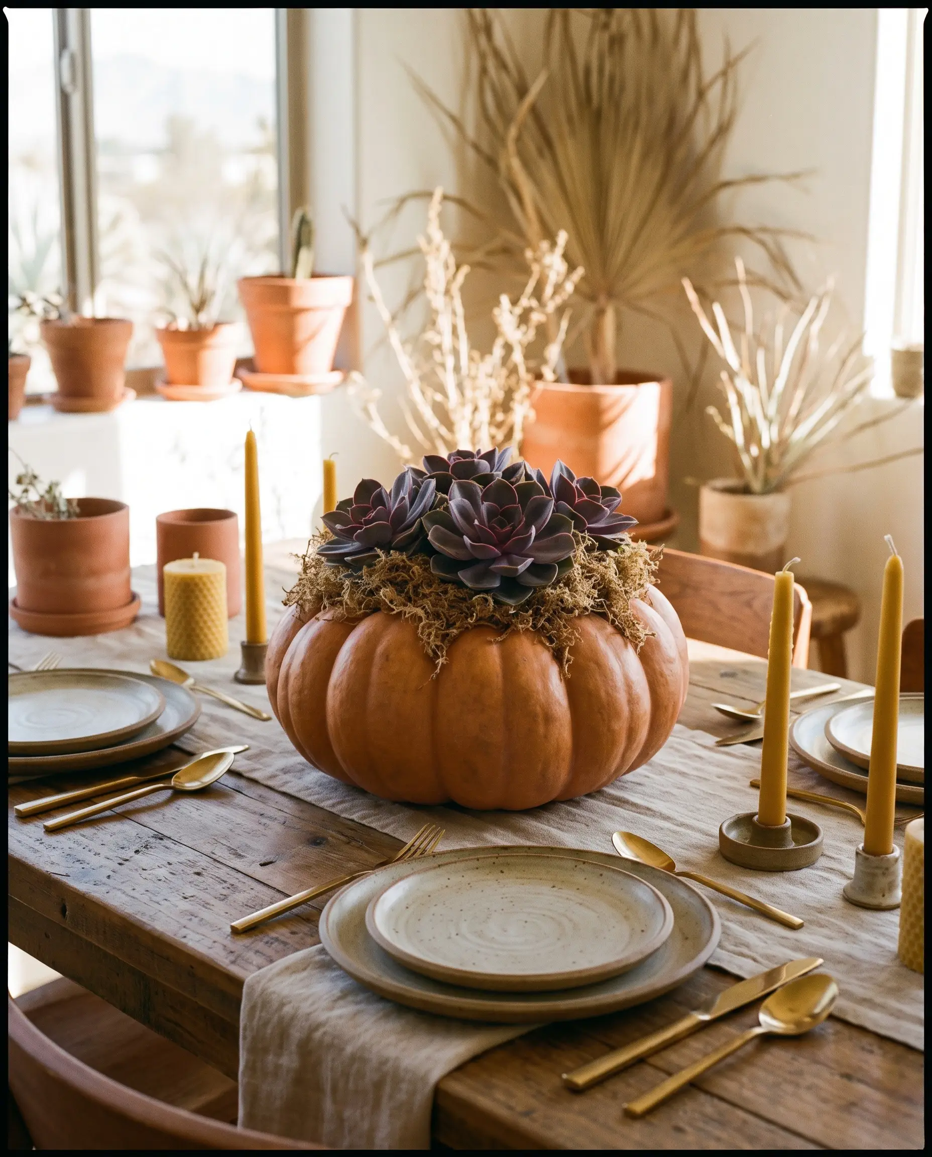 Deep purple Echeveria succulent cuttings and lush sphagnum moss crown a large centerpiece gourd displayed elegantly on a standard dining room table.
