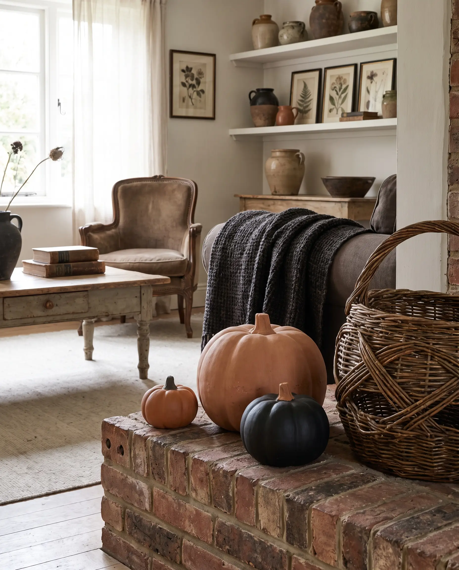 Three artisan clay pumpkins and a woven willow form sit directly on a standard brick fireplace hearth surrounded by unglazed terracotta and rattan.