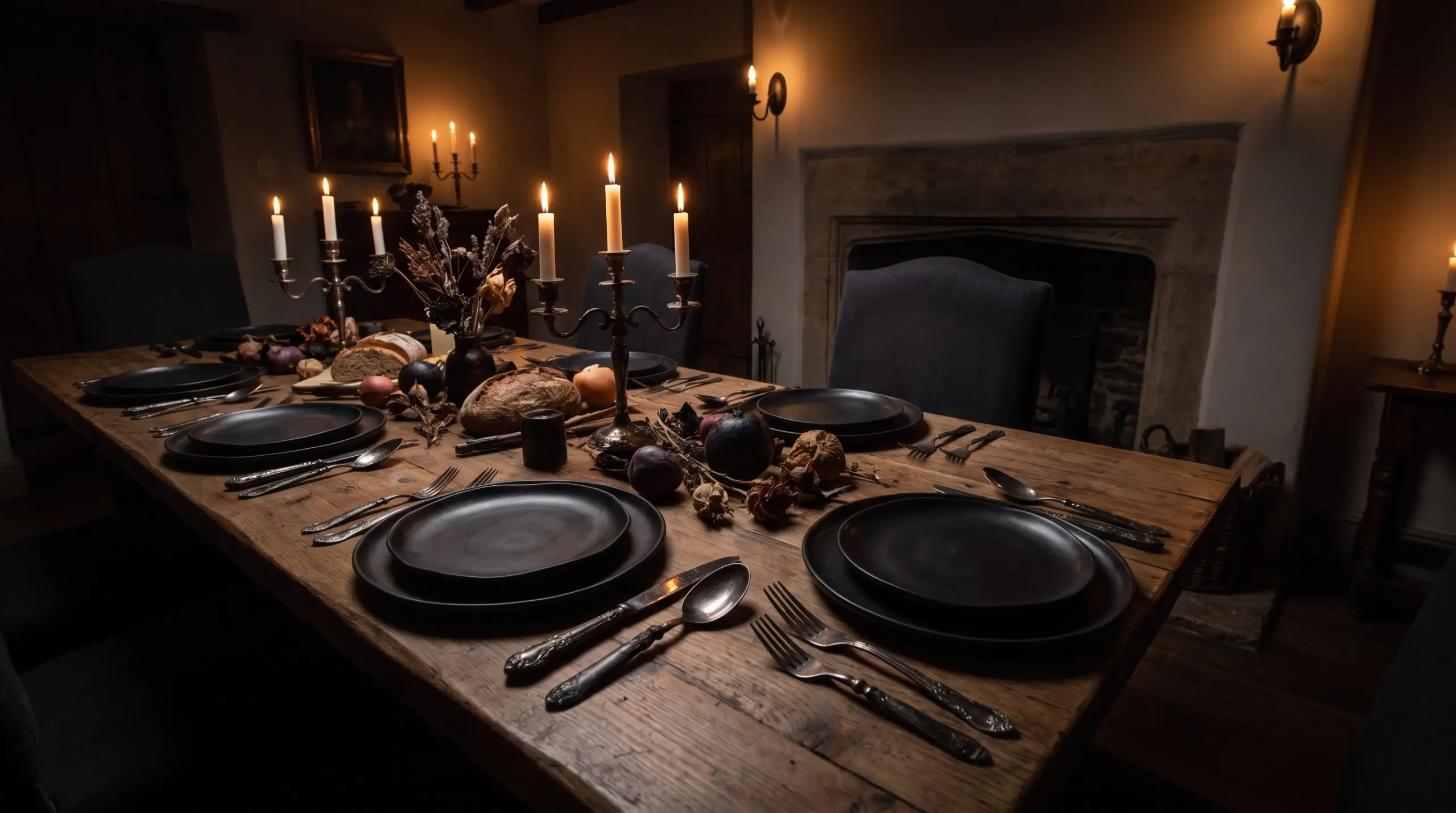 Modern organic matte black stoneware plates pair with heavy, unpolished tarnished silver flatware on a wooden dining table next to a dining chair.