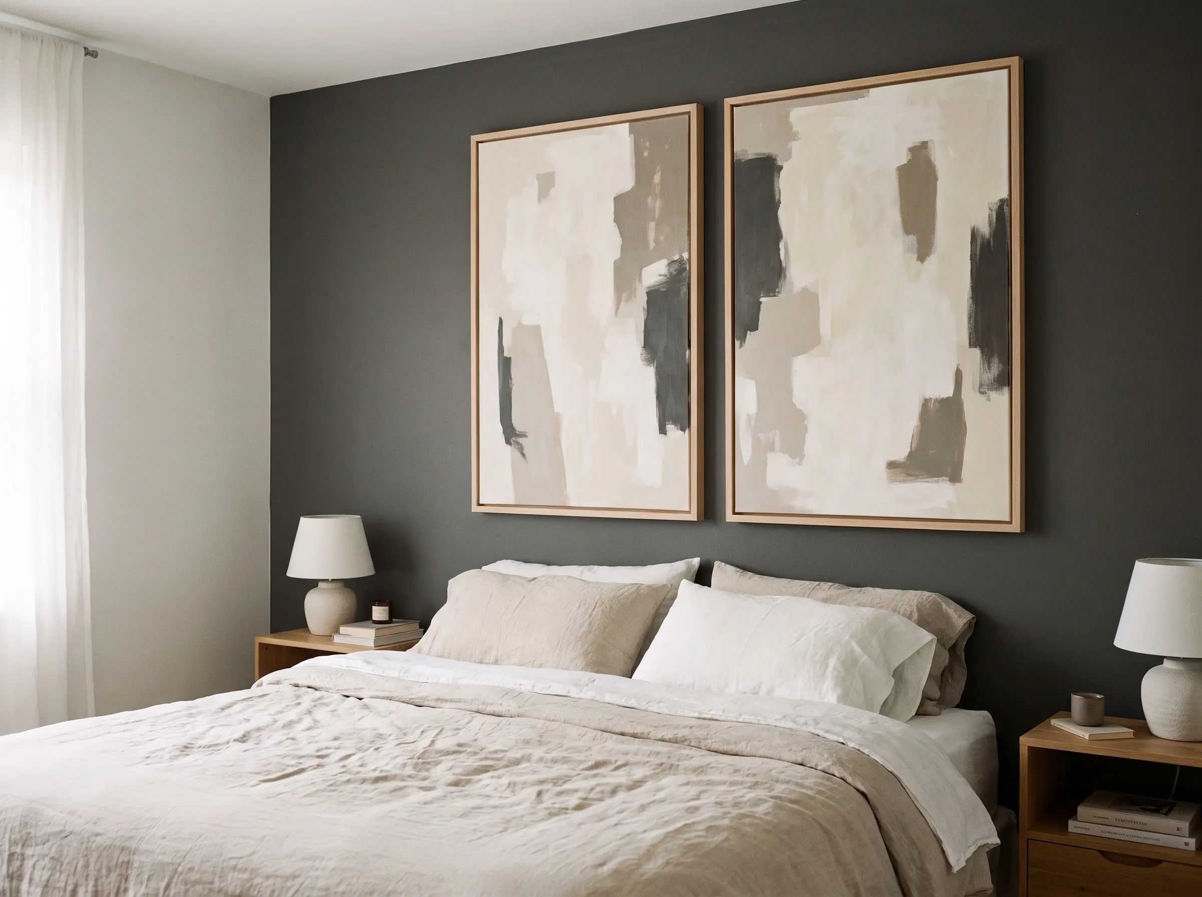 Two massive identical frames hang side-by-side above a king-sized bed, demonstrating how to arrange pictures on a wall for bold minimalist impact.