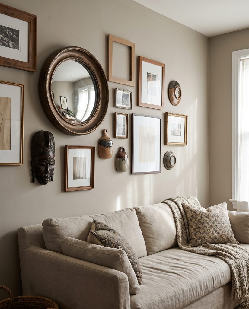 A convex mirror, a carved wooden mask, and ceramic wall hangings mix seamlessly into an asymmetrical gallery wall above a cozy sofa.