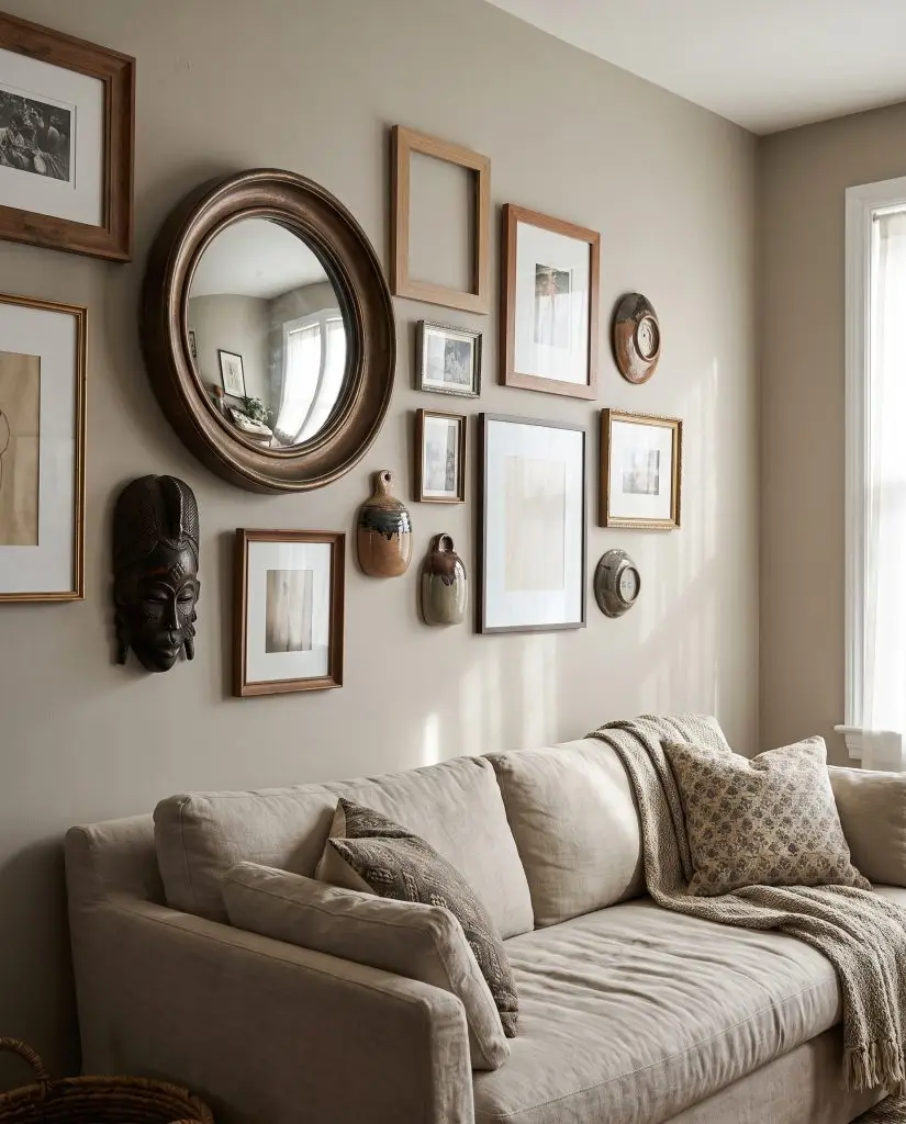 A convex mirror, a carved wooden mask, and ceramic wall hangings mix seamlessly into an asymmetrical gallery wall above a cozy sofa.