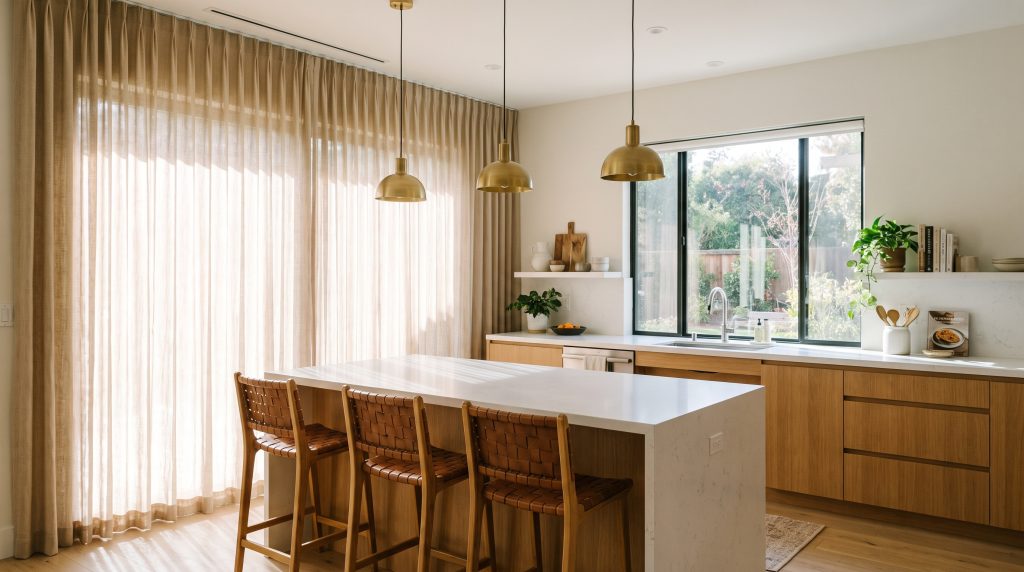 Floor-to-ceiling performance linen modern kitchen curtains hang from a recessed ceiling track alongside white quartz countertops, flat-panel cabinetry, and oak barstools.