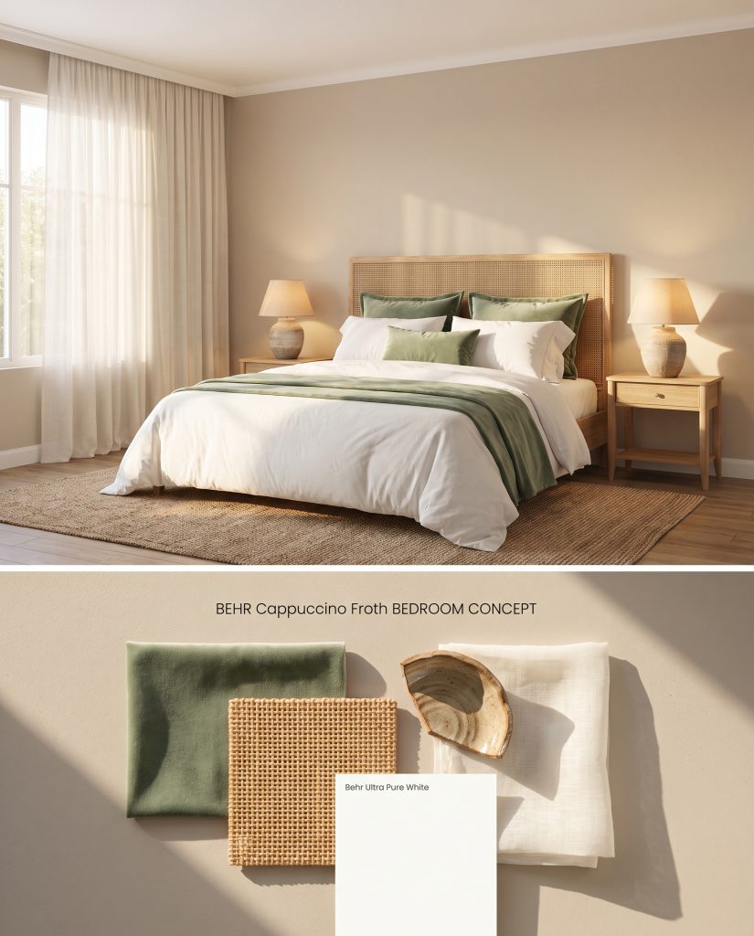 A digital concept board displaying a warm sandy beige bedroom on the upper section and tactile material swatches on the lower half.