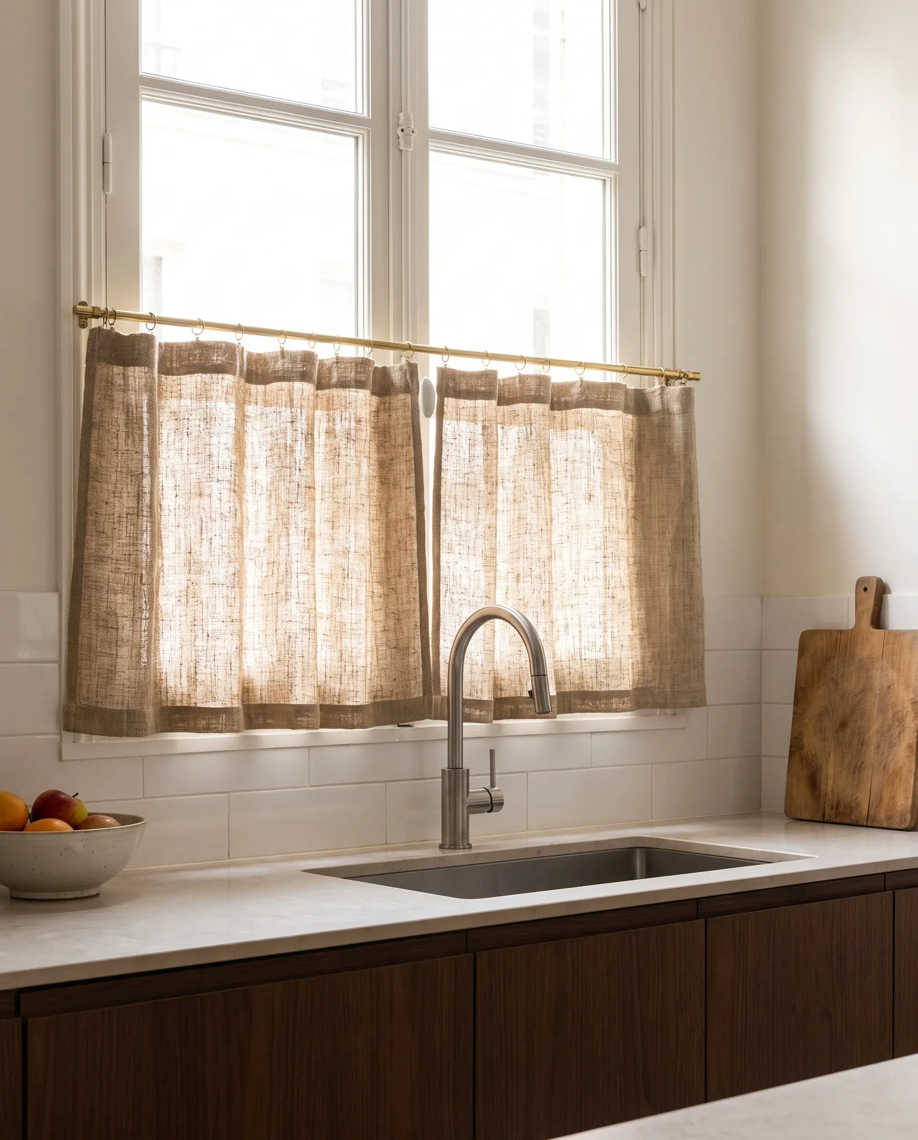 Heavyweight natural hemp modern kitchen curtains mount halfway up a mullion window on an unlacquered brass rail above polished white subway tile.
