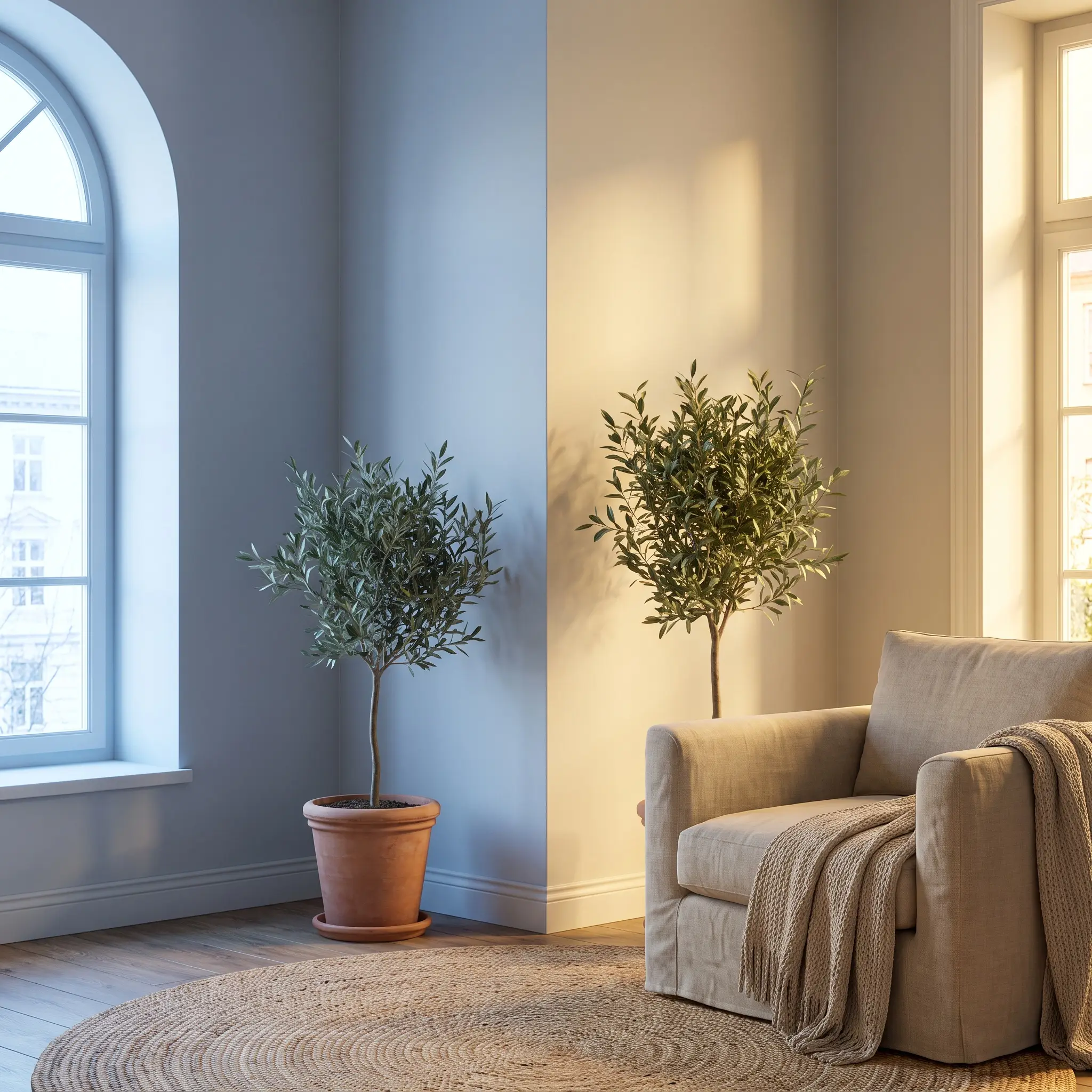 A simple potted olive tree and beige linen armchair sit in a room corner demonstrating cool and warm lighting effects on gray walls.