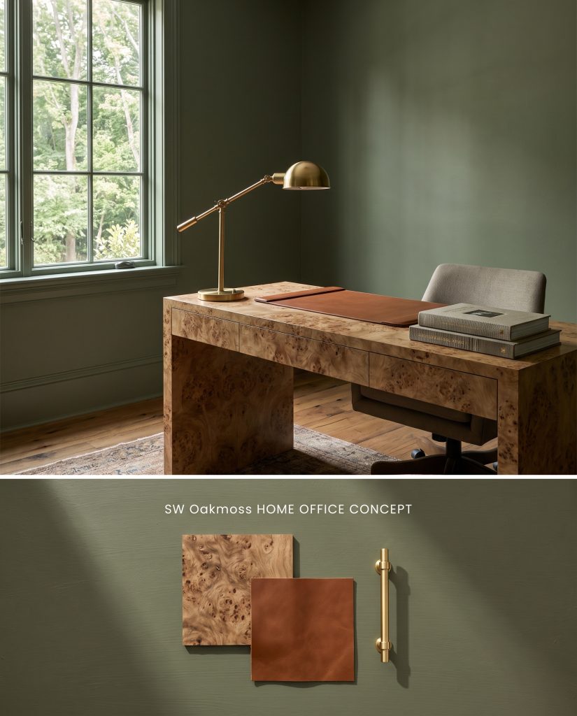 A digital conceptual board illustrating dark green office walls and trim in natural light, positioned above burl wood and saddle leather samples.