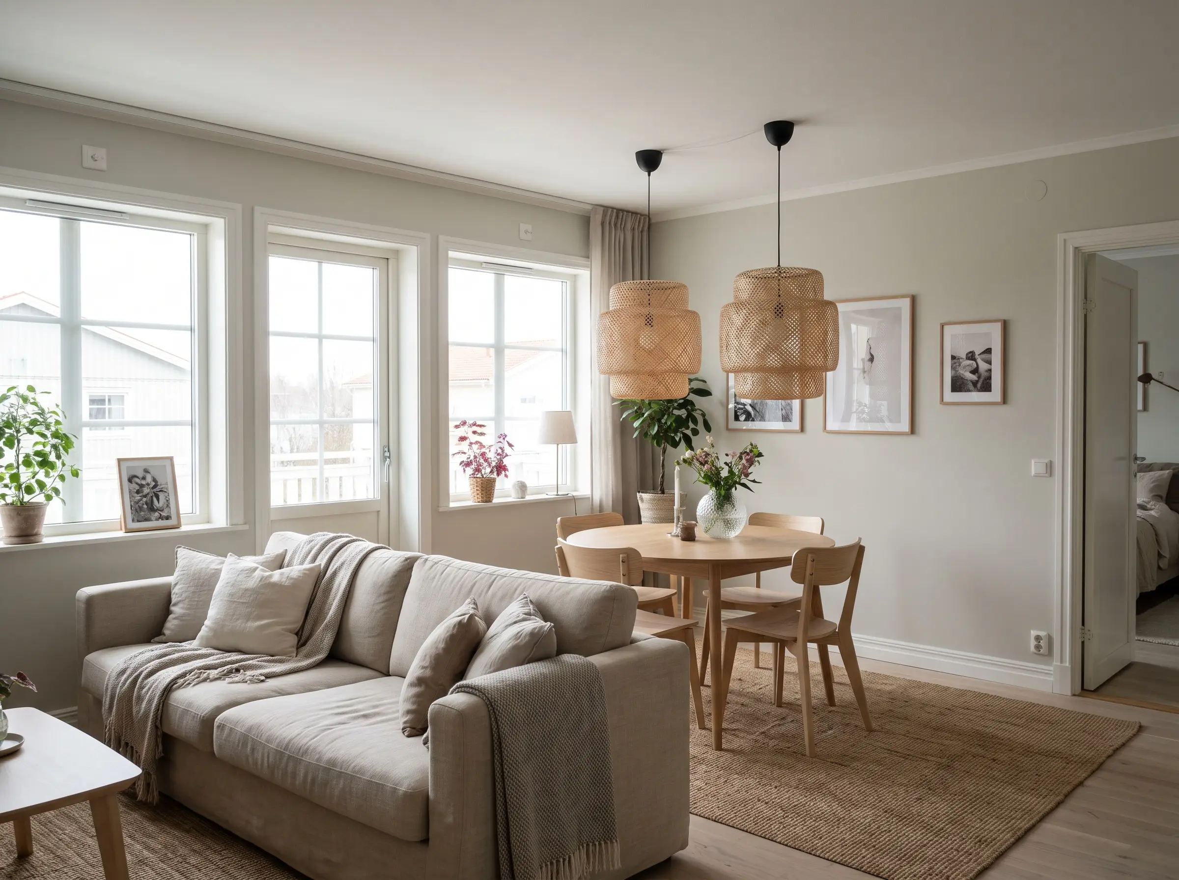 A comfortable linen sectional and light-wood dining set fill an open-concept space featuring the best Behr gray paint colors.