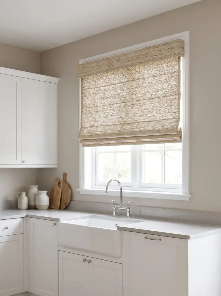 An outside-mount woven grasscloth Roman shade hangs above a window framed by Accessible Beige painted walls and clinical white flat-panel cabinetry.
