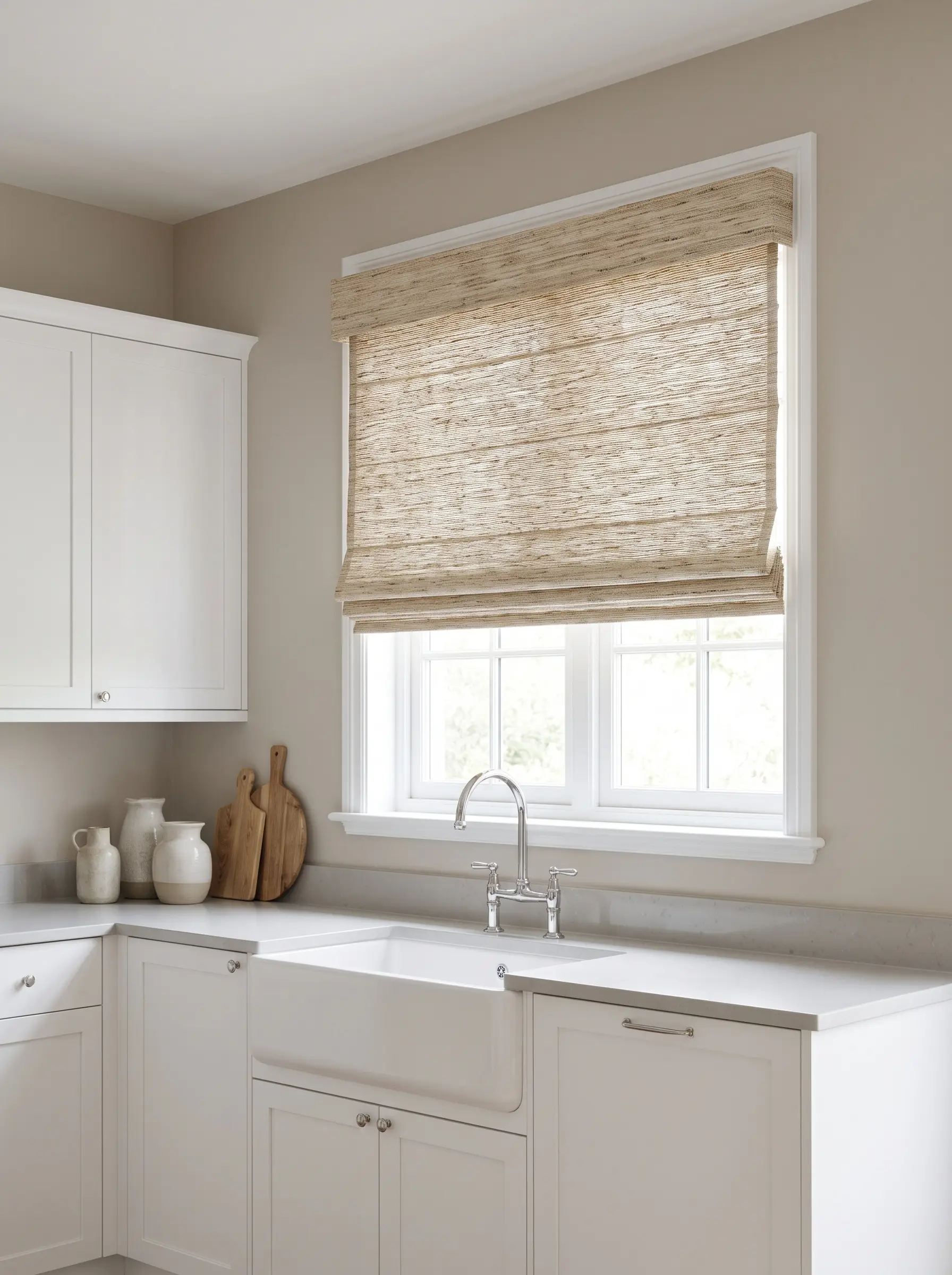 An outside-mount woven grasscloth Roman shade hangs above a window framed by Accessible Beige painted walls and clinical white flat-panel cabinetry.