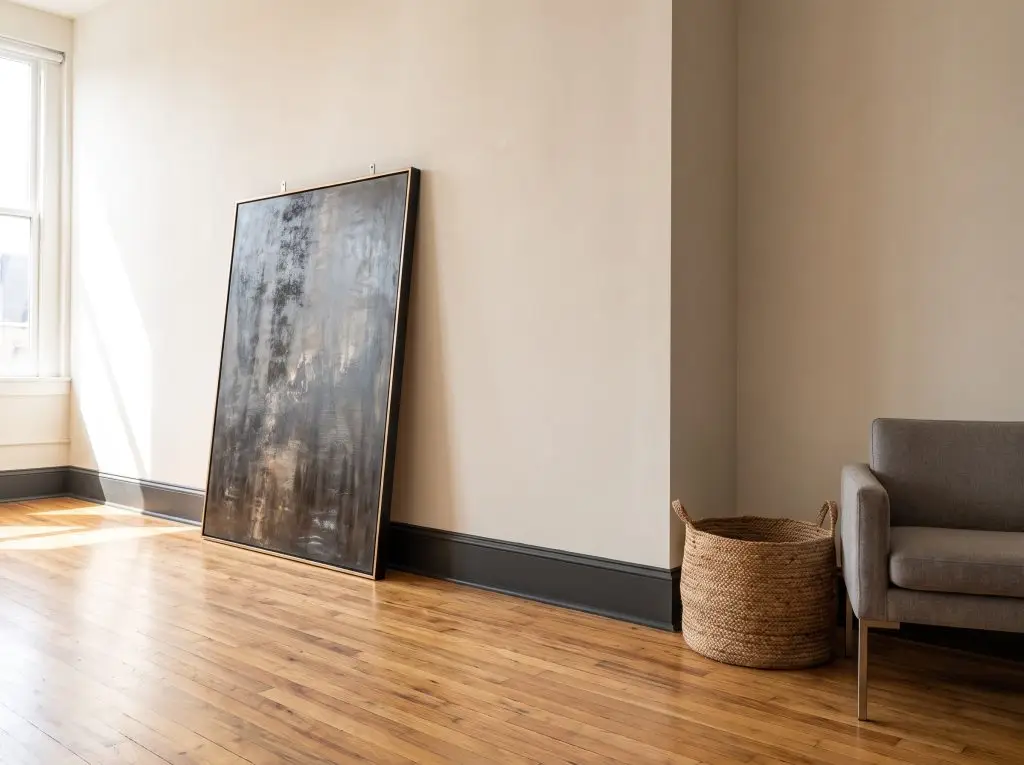 A massive artwork leans directly against the wall on warm hardwood floors, offering an alternative to how to arrange pictures on a wall.