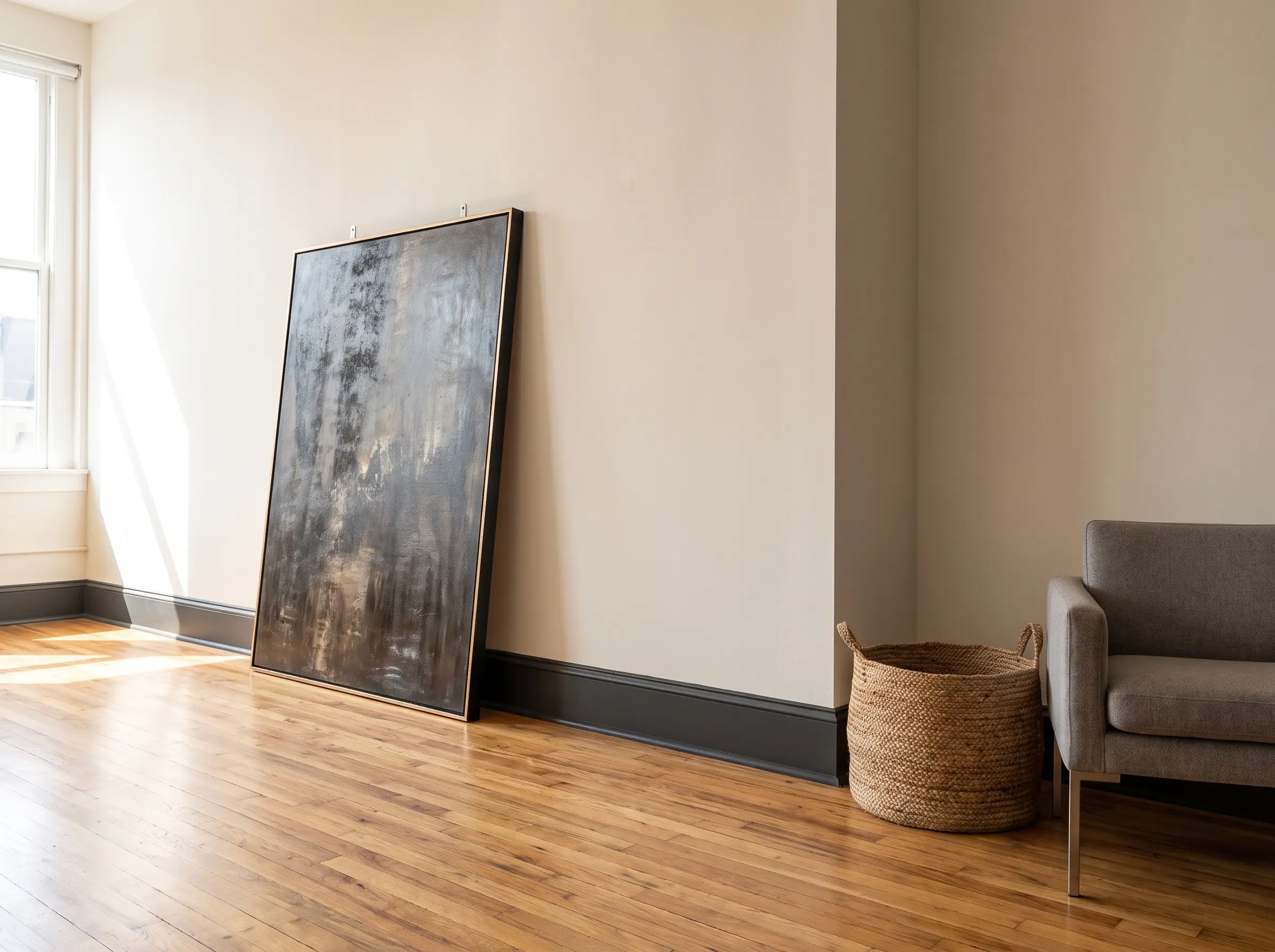 A massive artwork leans directly against the wall on warm hardwood floors, offering an alternative to how to arrange pictures on a wall.