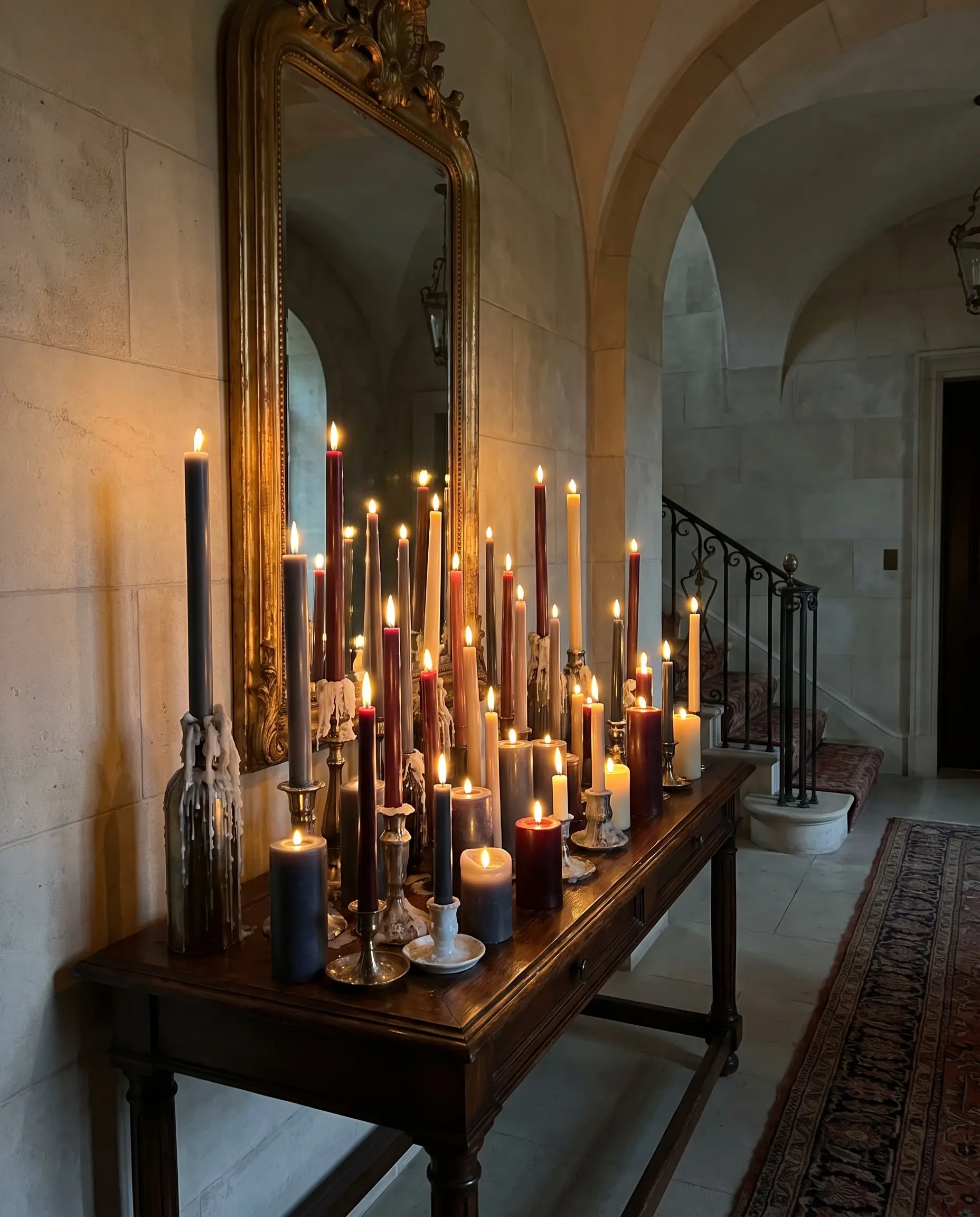 Slate gray, oxblood, and antique ivory taper candles cluster at staggered heights on a standard entryway console table beneath a vintage mirror.