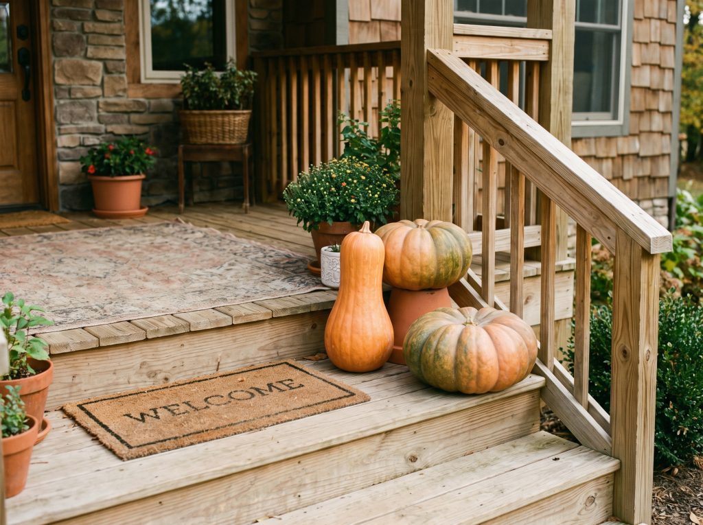 An asymmetrical cluster of three pumpkins rests on front porch steps, with hidden overturned terracotta pots slightly boosting the back gourds for architectural flow.