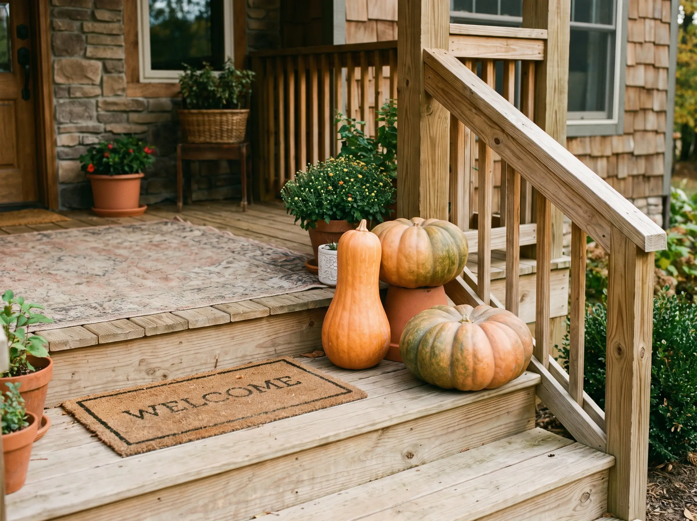 An asymmetrical cluster of three pumpkins rests on front porch steps, with hidden overturned terracotta pots slightly boosting the back gourds for architectural flow.