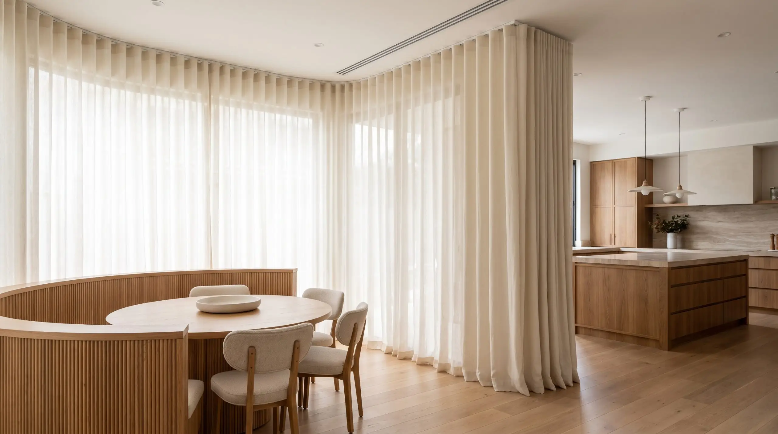 Sweeping floor-to-ceiling ripple fold modern kitchen curtains in performance linen drop from a recessed ceiling track beside fluted wood wall paneling and an oak dining table.