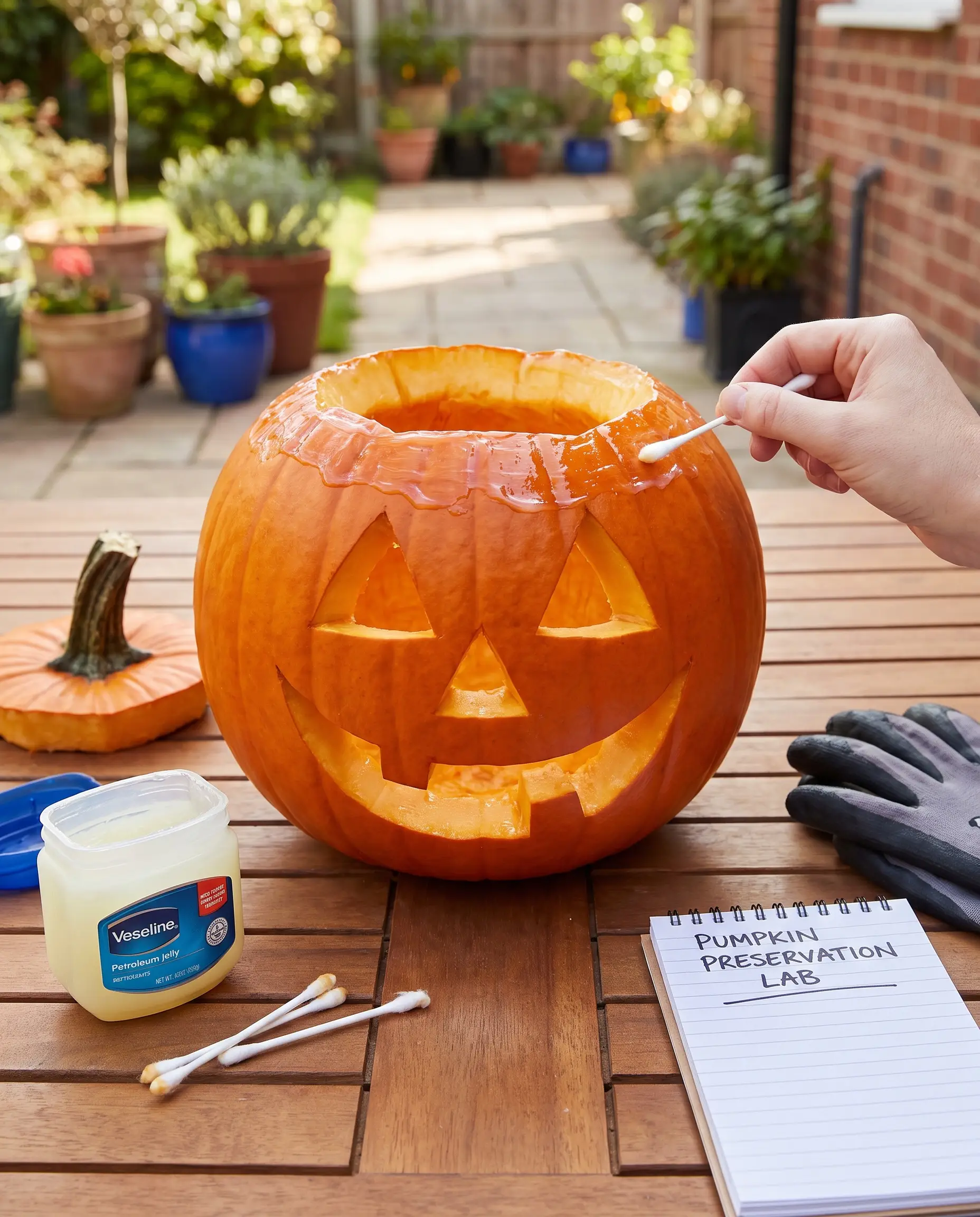 A thick, shiny moisture barrier of petroleum jelly coats the exposed edges of a freshly carved real pumpkin sitting on an outdoor patio table.