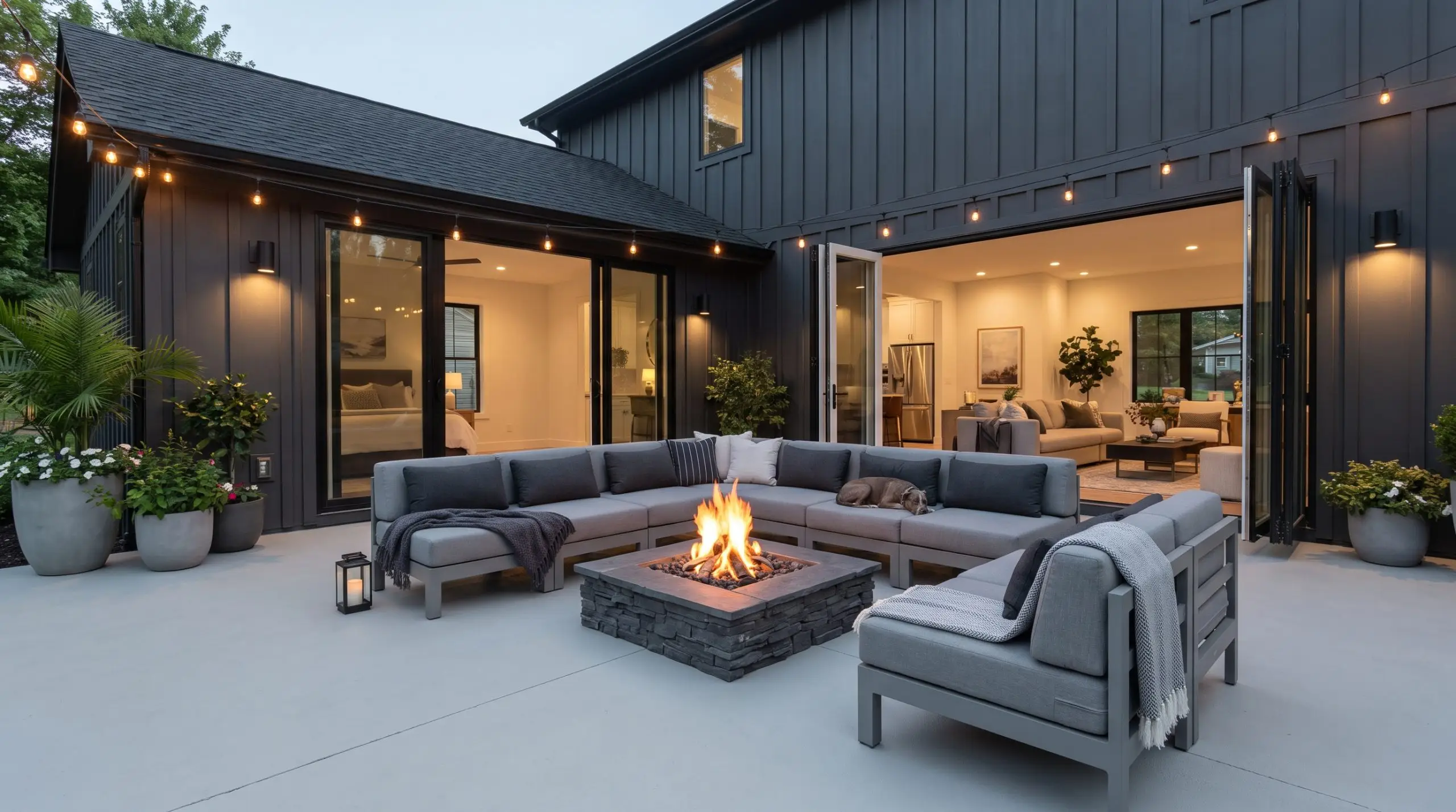 A slate fire pit and a modular low-profile gray outdoor sectional anchor a contemporary patio space featuring a platinum painted concrete floor.