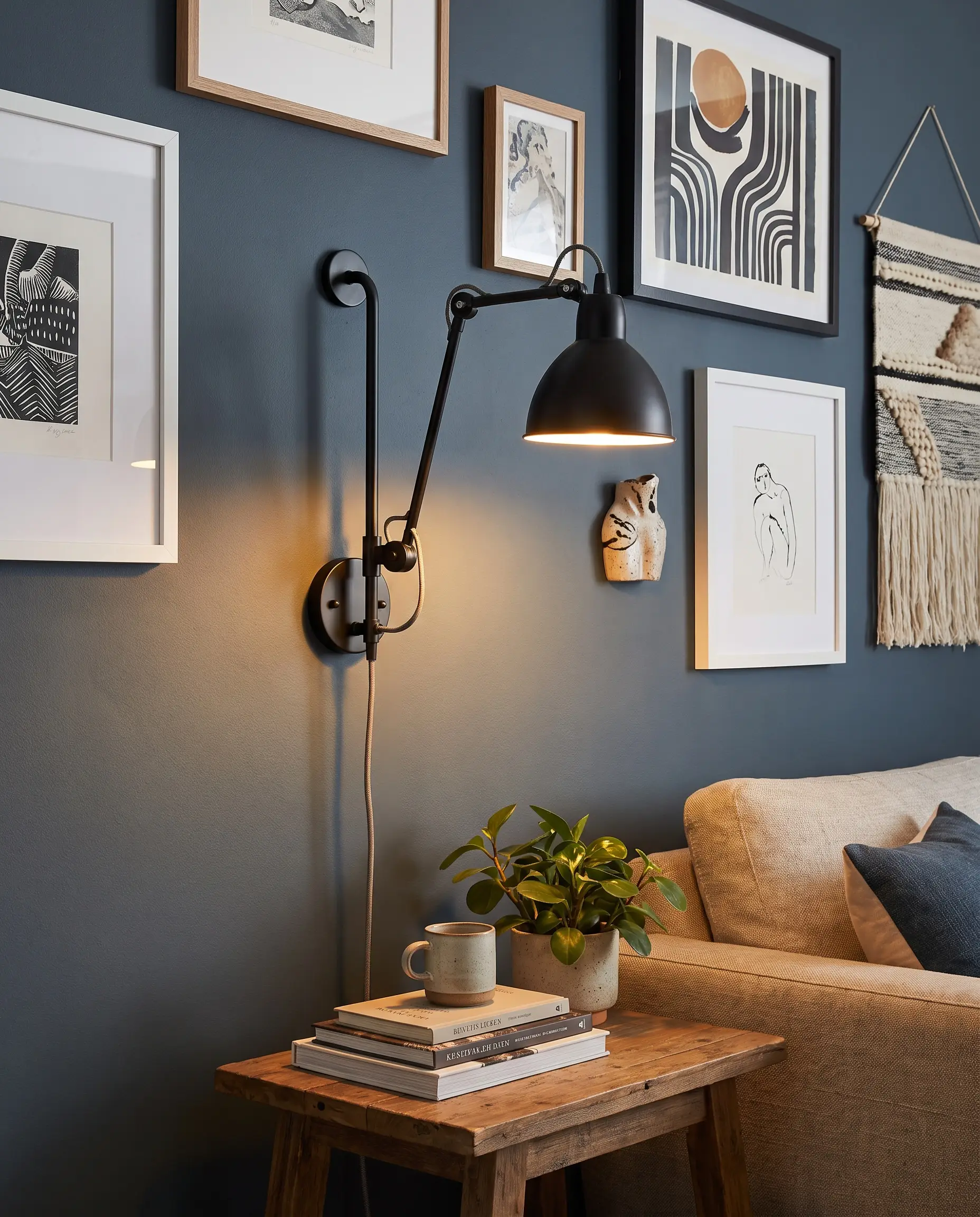 A matte black articulating plug-in sconce casts a warm glow among framed prints on a deep blue gallery wall above a wooden side table.