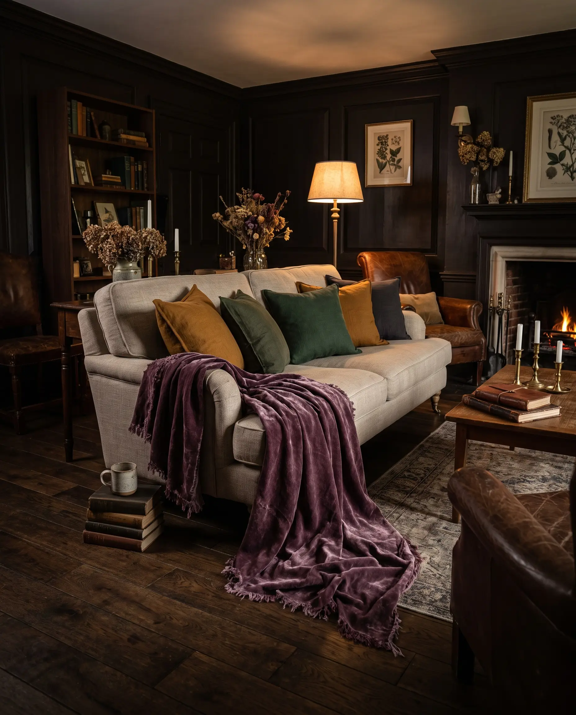 A heavy plum distressed cotton velvet throw blanket drapes asymmetrically over the back of a standard linen sofa alongside raw silk pillows.