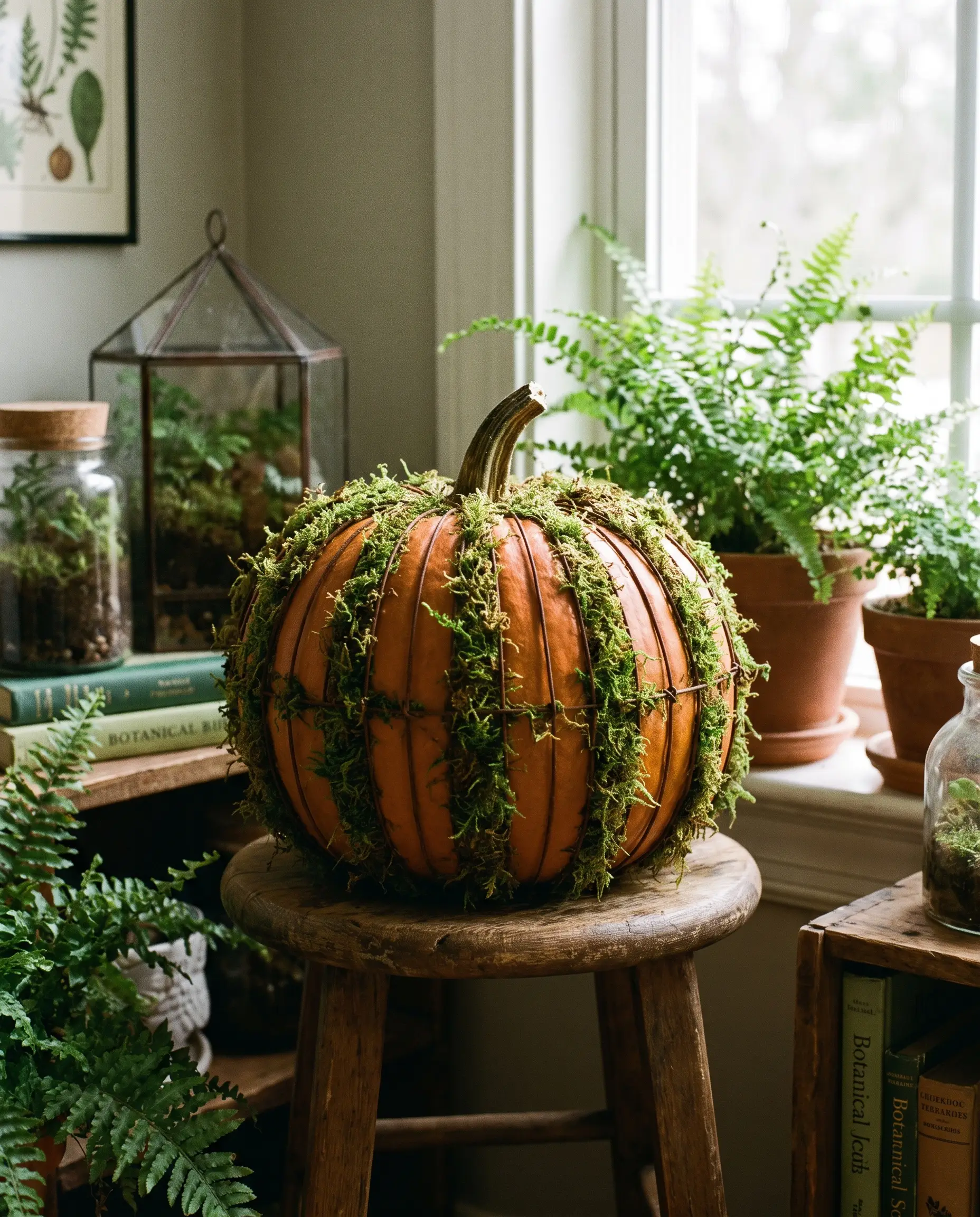 Miniature iron garden wire and preserved sheet moss wrap tightly around the natural vertical ridges of a pumpkin resting on a simple wooden stool.