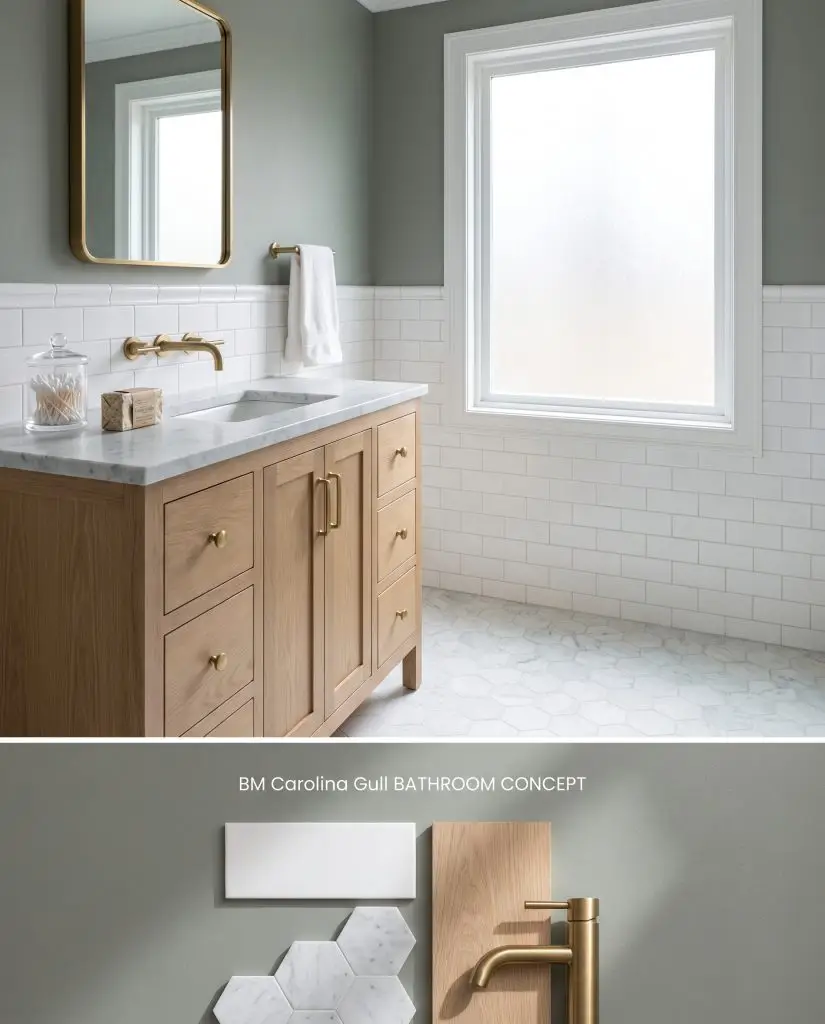 A split digital conceptual board featuring painted bathroom upper walls on top, anchored by white subway tile and rift-sawn oak on the textured bottom section.