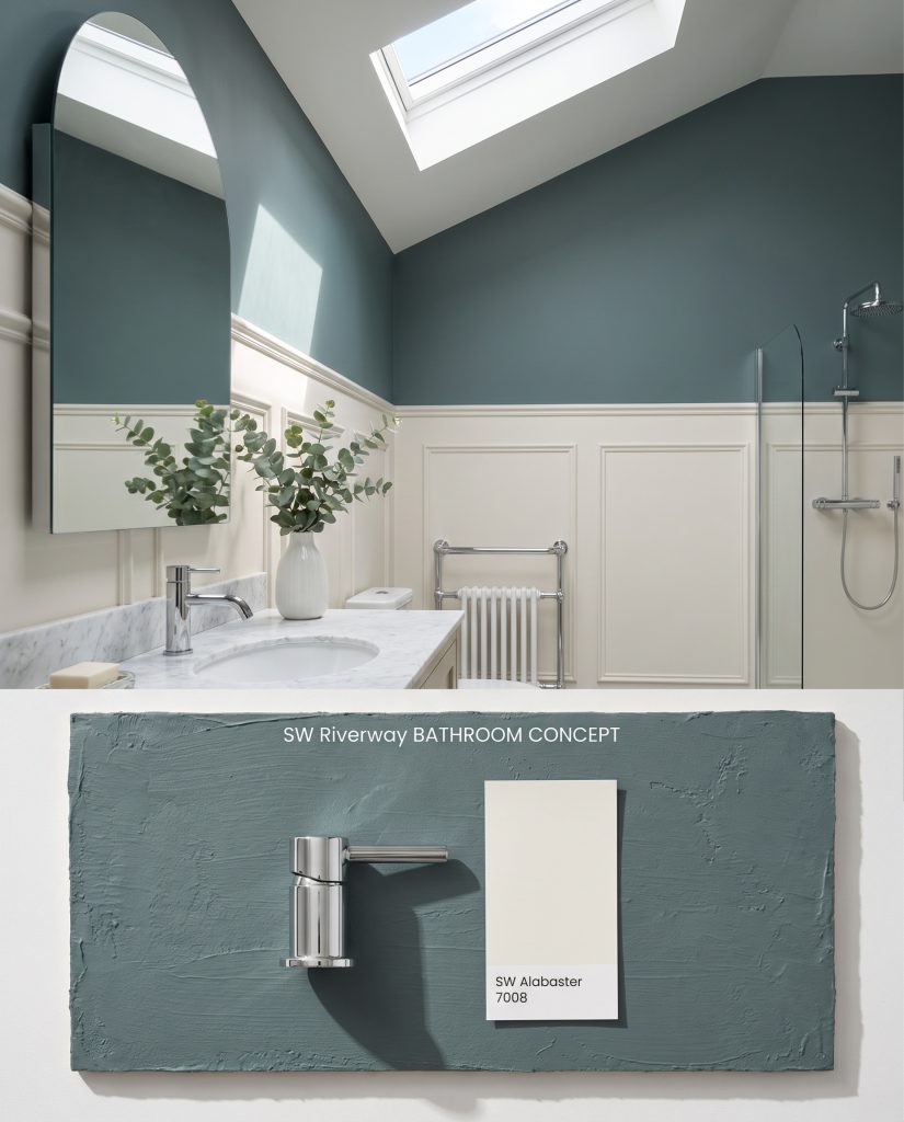 A split digital layout showing blue-green upper bathroom walls and white wainscoting on top, and a polished chrome faucet handle on the textured bottom.