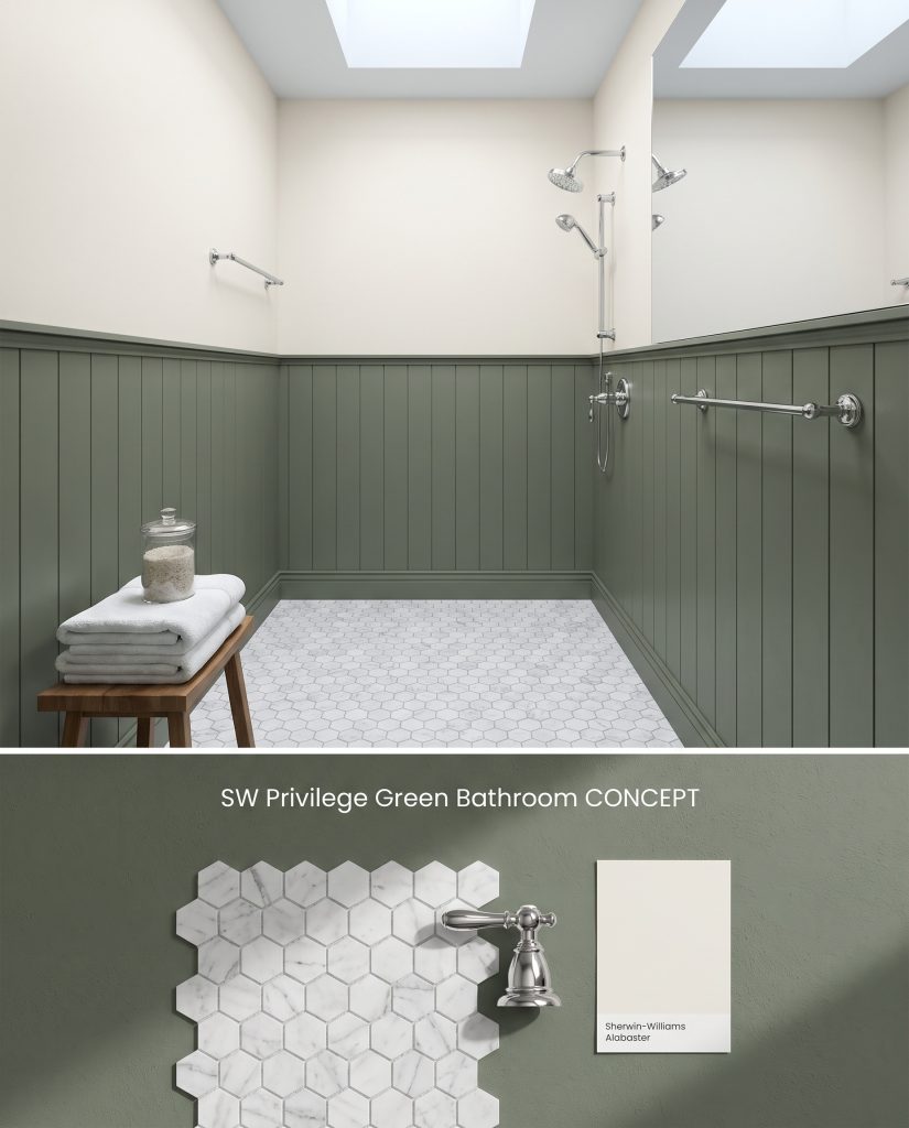 A dual-layout conceptual board showing a bathroom with sage green vertical shiplap wainscoting over a flat-lay of Carrara marble and polished chrome.