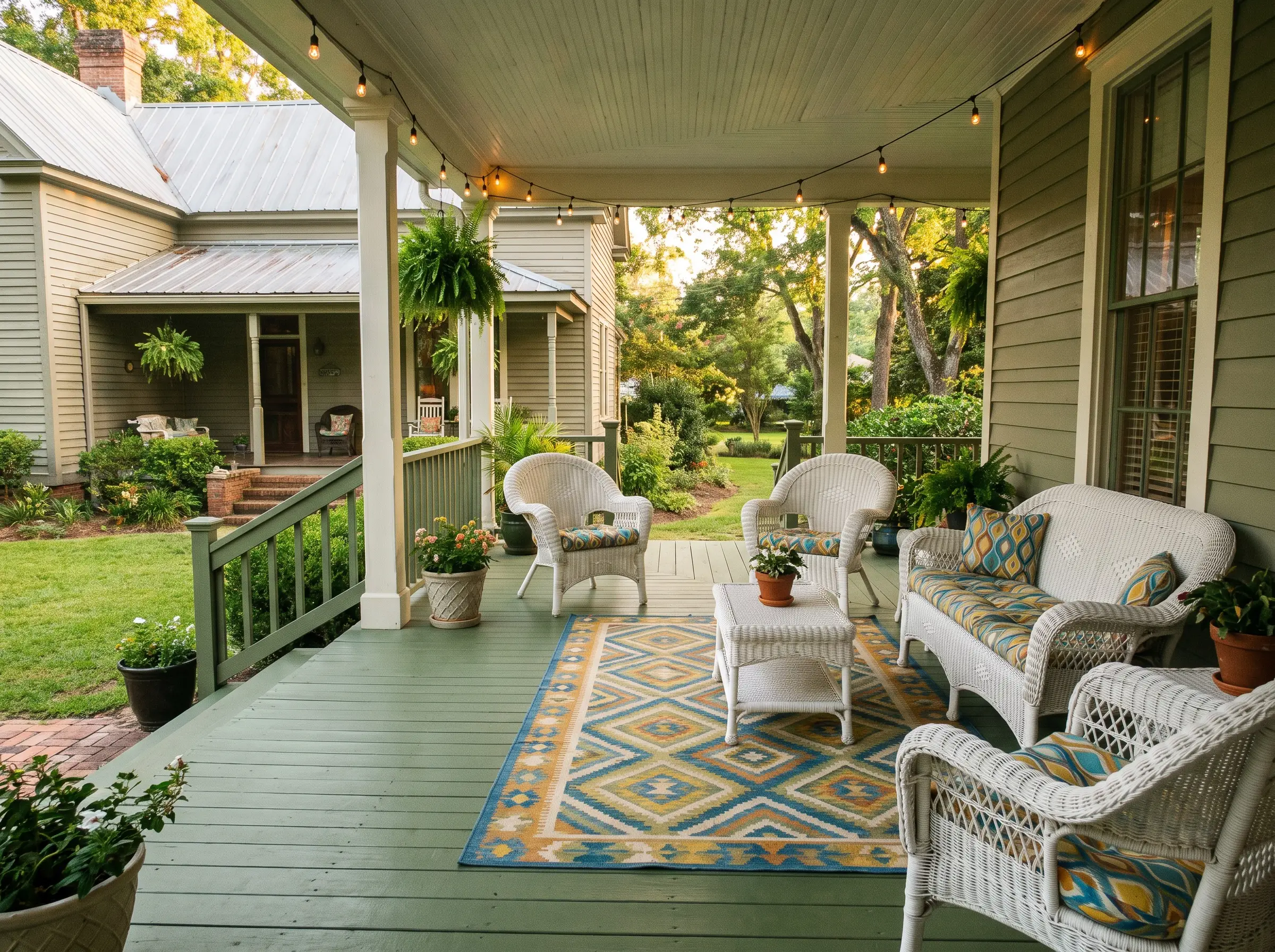 Classic white wicker patio furniture and a vintage-inspired geometric outdoor rug decorate a Southern wooden porch painted in a vibrant salamander green.