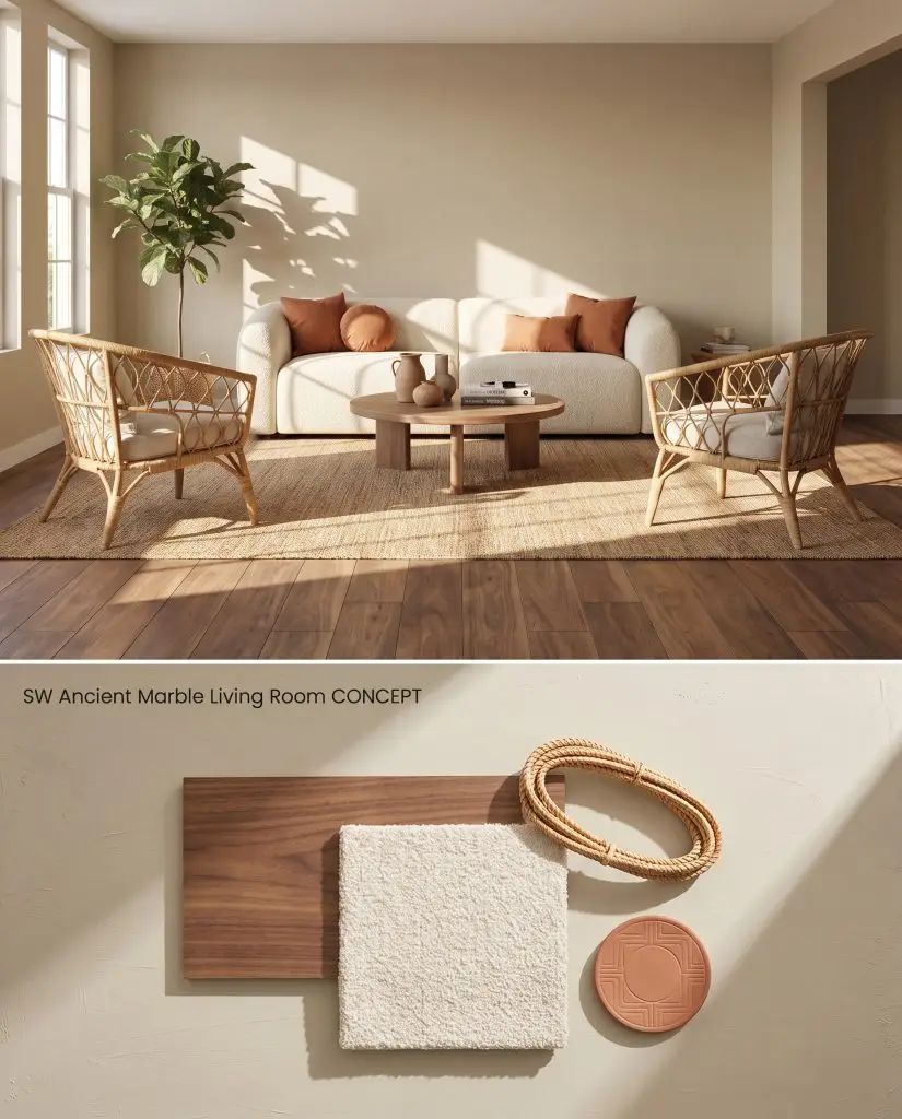 A split conceptual board showcasing a Sherwin-Williams Ancient Marble living room on top, with a textured base displaying walnut and boucle samples.