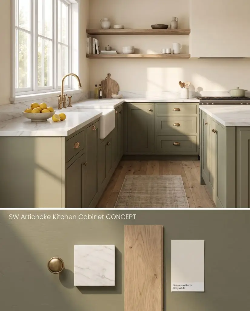 A split digital conceptual board featuring Sherwin-Williams Artichoke kitchen cabinets above and a textured flat-lay of quartzite and aged brass below.