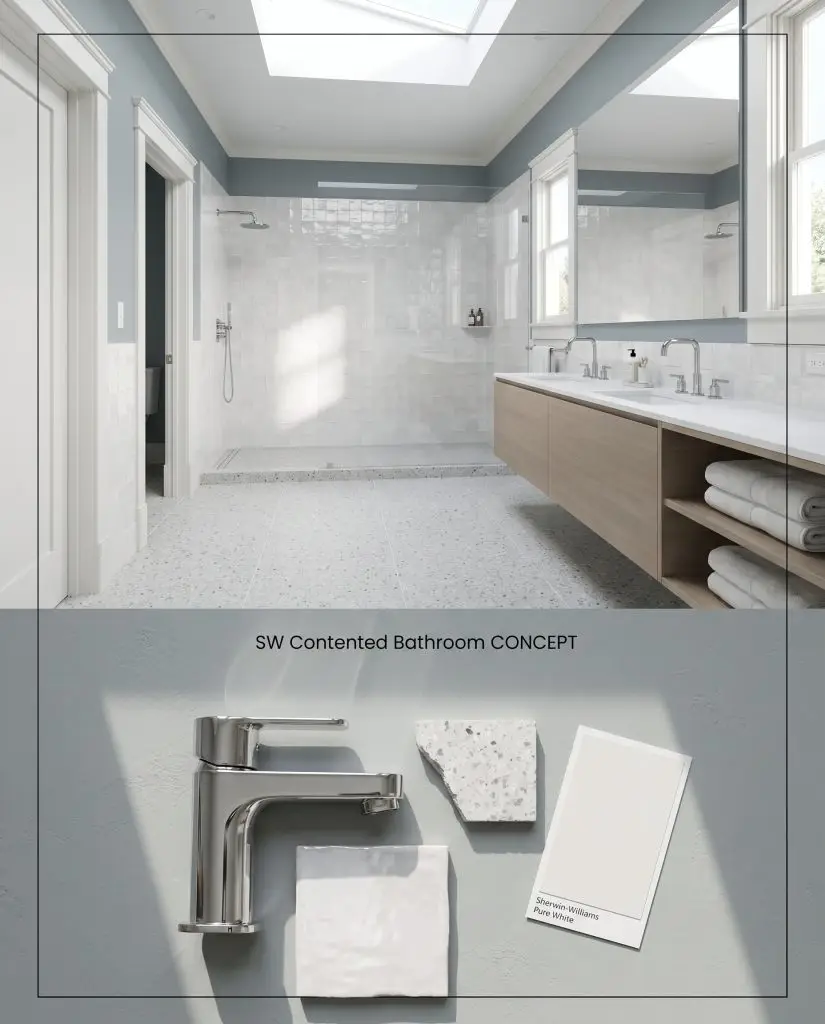 A dual-section digital board presenting a Sherwin-Williams Contented bathroom with a floating vanity on top and terrazzo and zellige samples below.