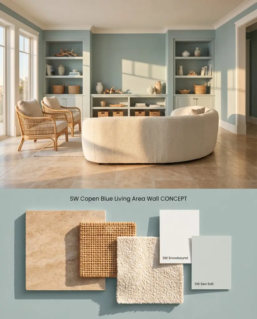 A split digital conceptual board showcasing a Sherwin-Williams Copen Blue living area above and tactile flat-lay materials like travertine and boucle below.