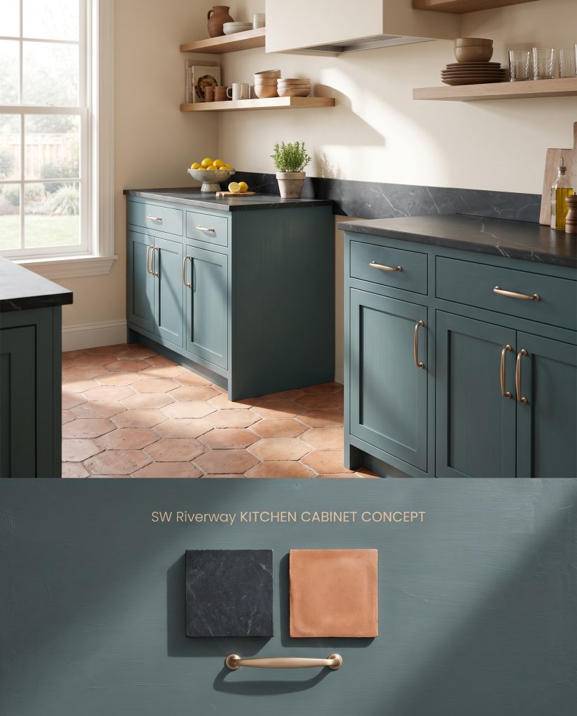 A split digital conceptual board presenting Sherwin-Williams Riverway lower kitchen cabinets above a physical flat-lay of soapstone and terracotta tile.