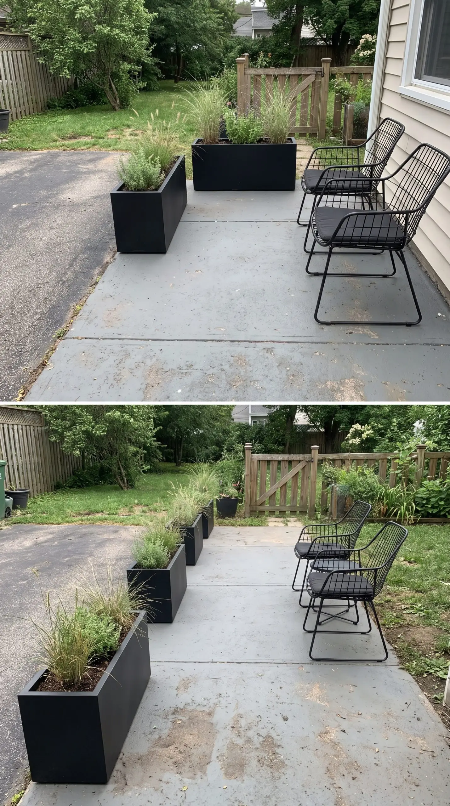 Matte black steel planters and industrial wire chairs anchor a high-traffic transitional patio walkway finished with a durable slate gray low-lustre enamel.