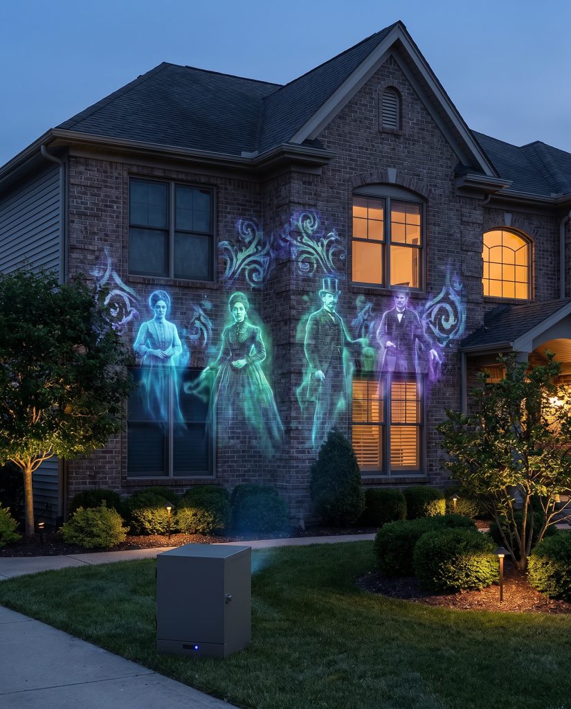 A weatherproof ground-level 4K projector casts crisp spectral apparitions onto solid brick siding for advanced 2026 outdoor Halloween decorating.
