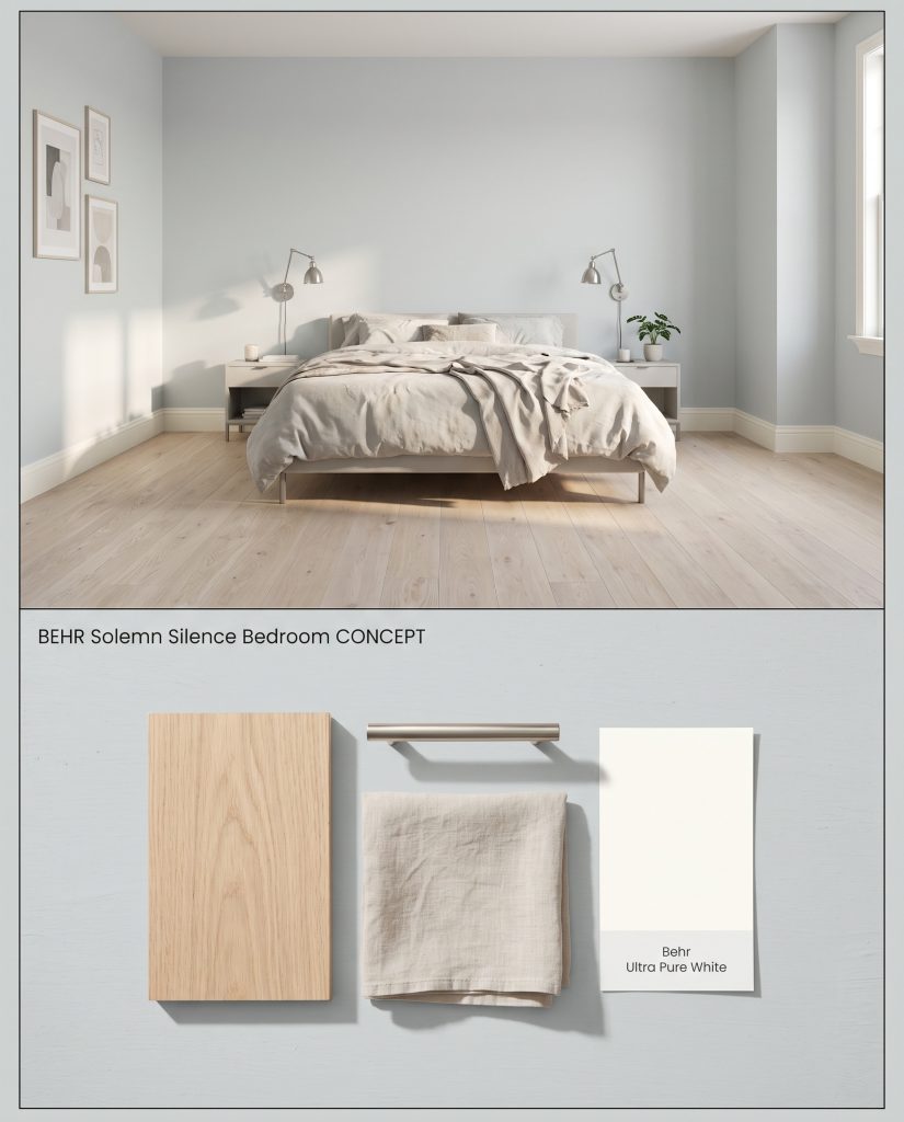 A split digital conceptual board showcasing a pale gray bedroom with washed linen above, and physical blonde oak and brushed nickel samples below.