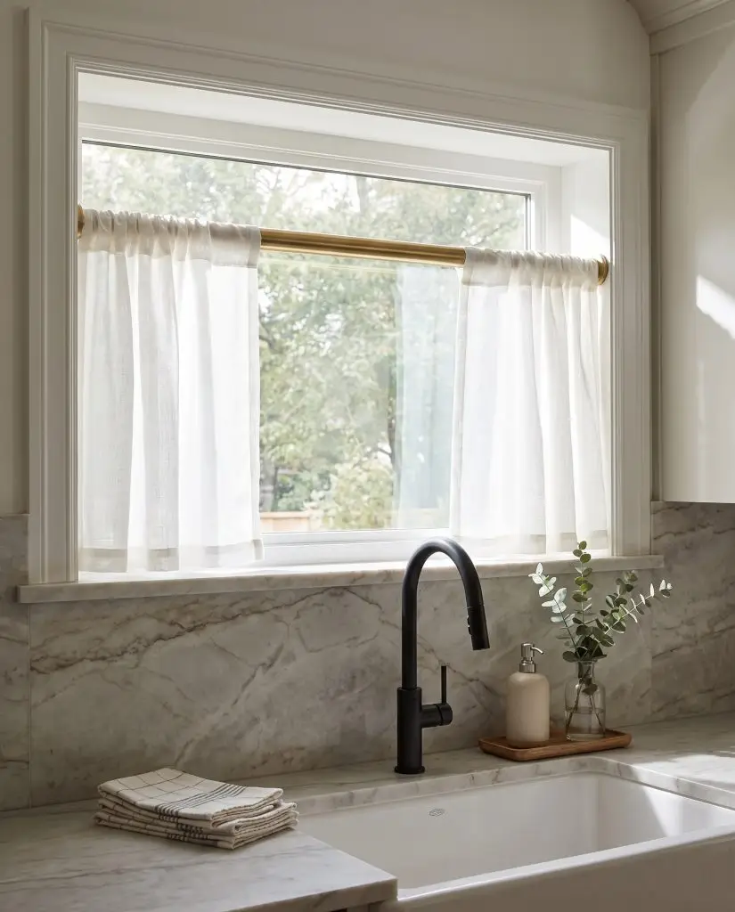 Lightweight unlined white café curtains hang from a solid brass tension rod mounted inside a deep window casing above a solid stone backsplash.