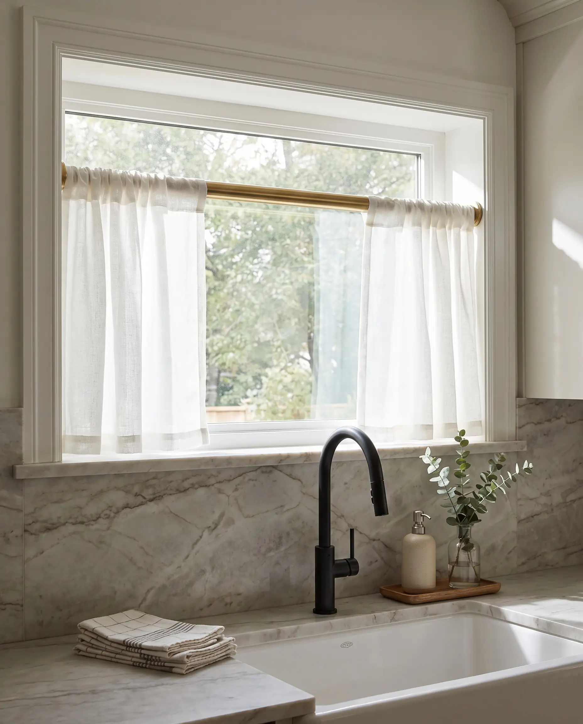 Lightweight unlined white café curtains hang from a solid brass tension rod mounted inside a deep window casing above a solid stone backsplash.