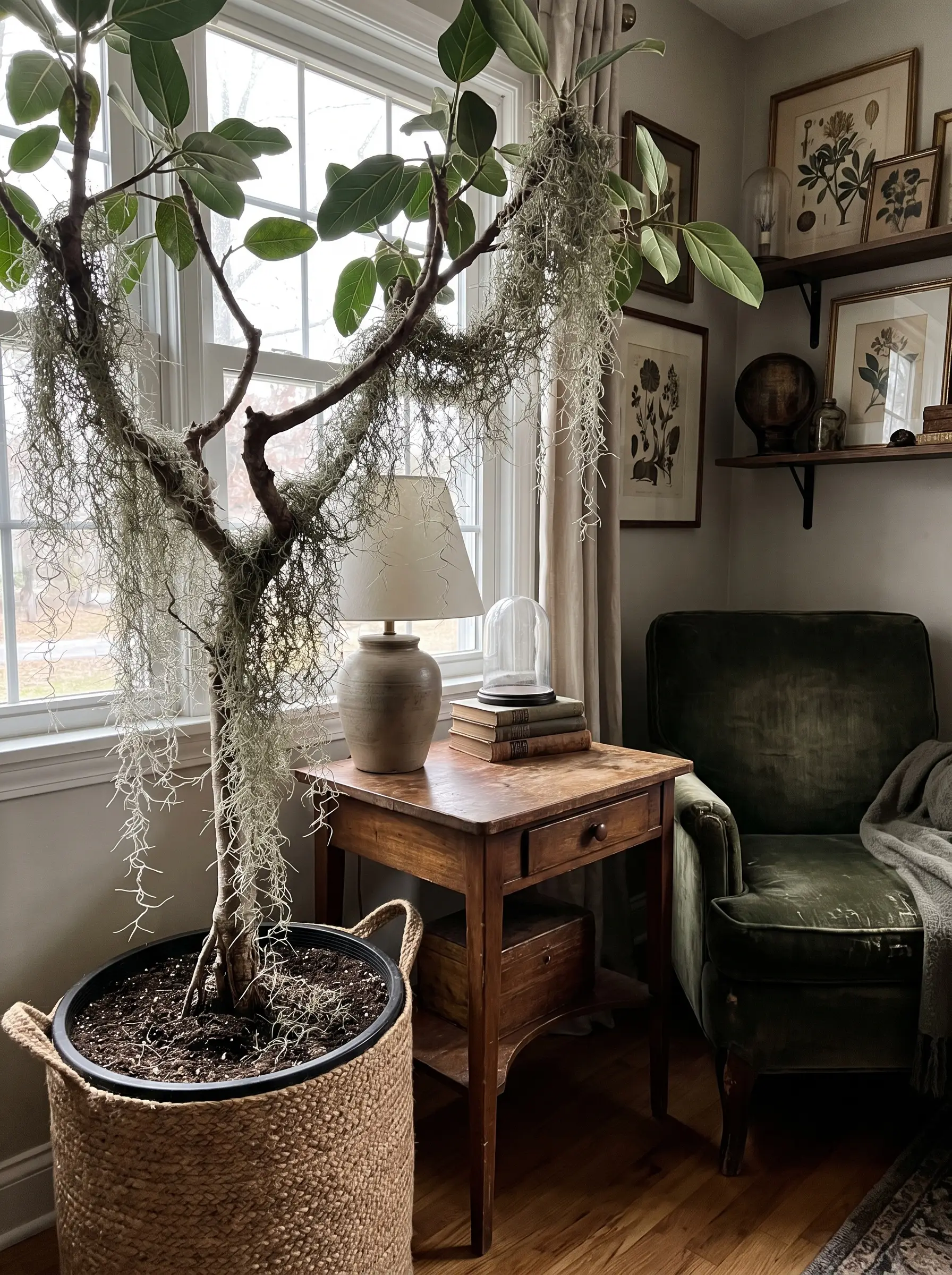 Natural dried Spanish moss drapes organically over the branches and soil of a large potted Ficus plant beside a distressed velvet armchair.
