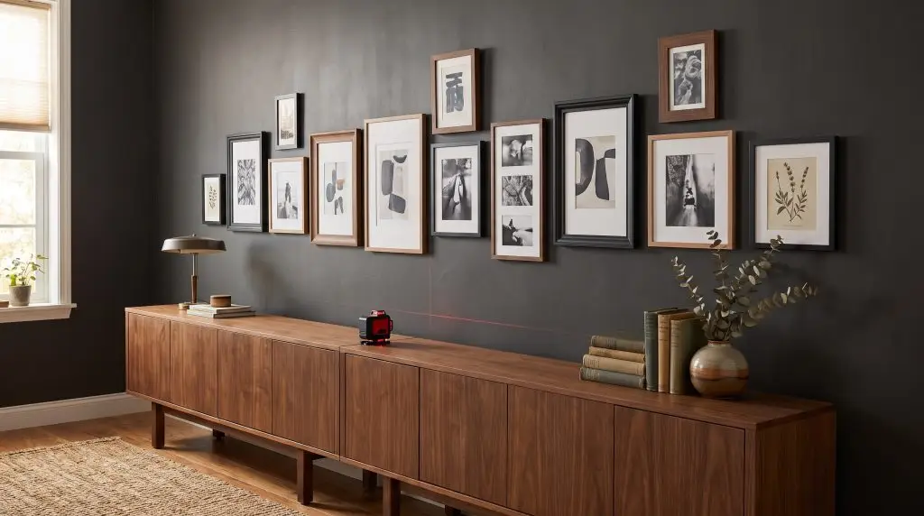 Varied vertical frames with perfectly aligned bottom edges and staggered top heights float above a low mid-century credenza against a dark backdrop.